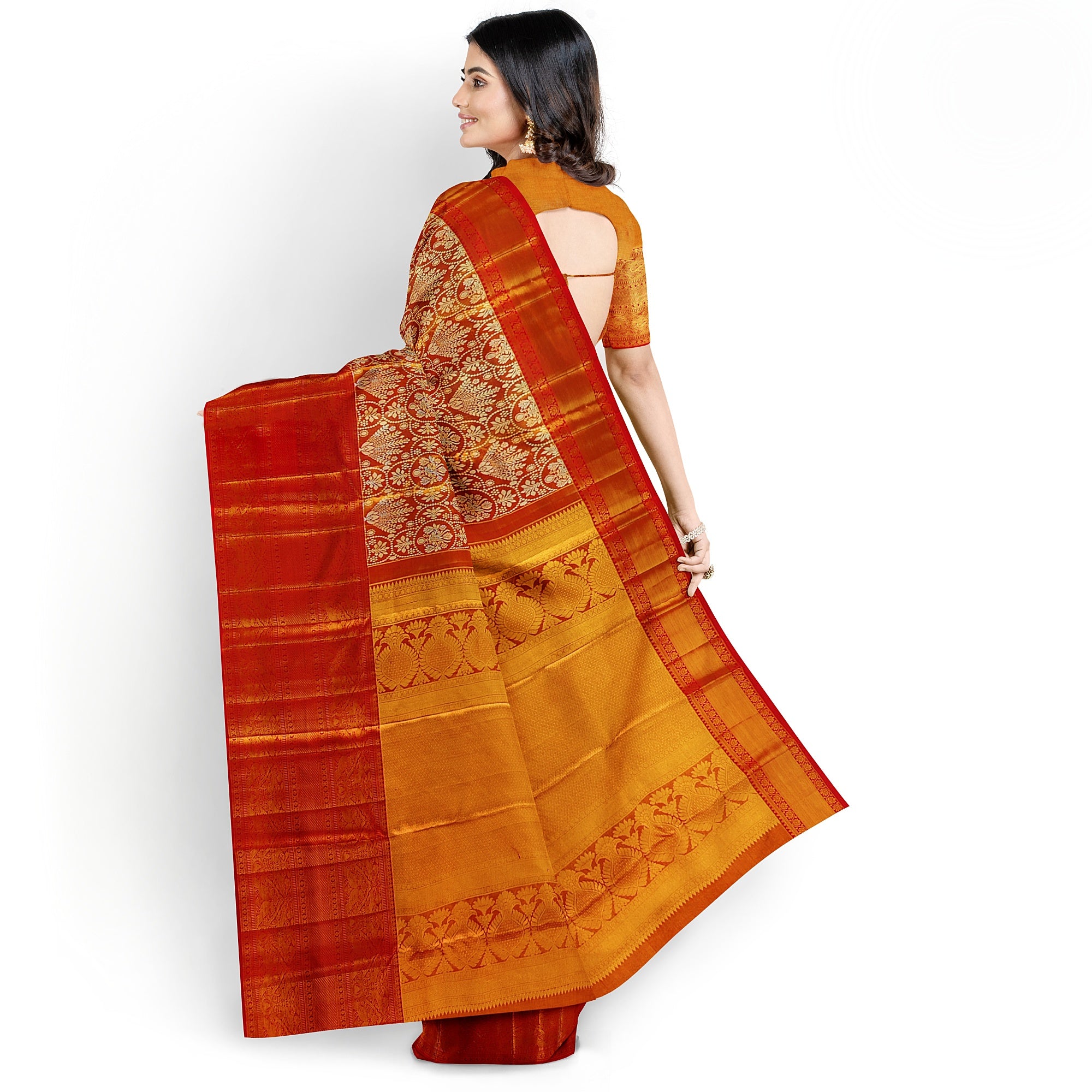 Orange Tissue Silk Kanjivaram Saree with Self Zari Border – Subtle Elegance in Handloom Weave Online - New Sudarshan Silks`