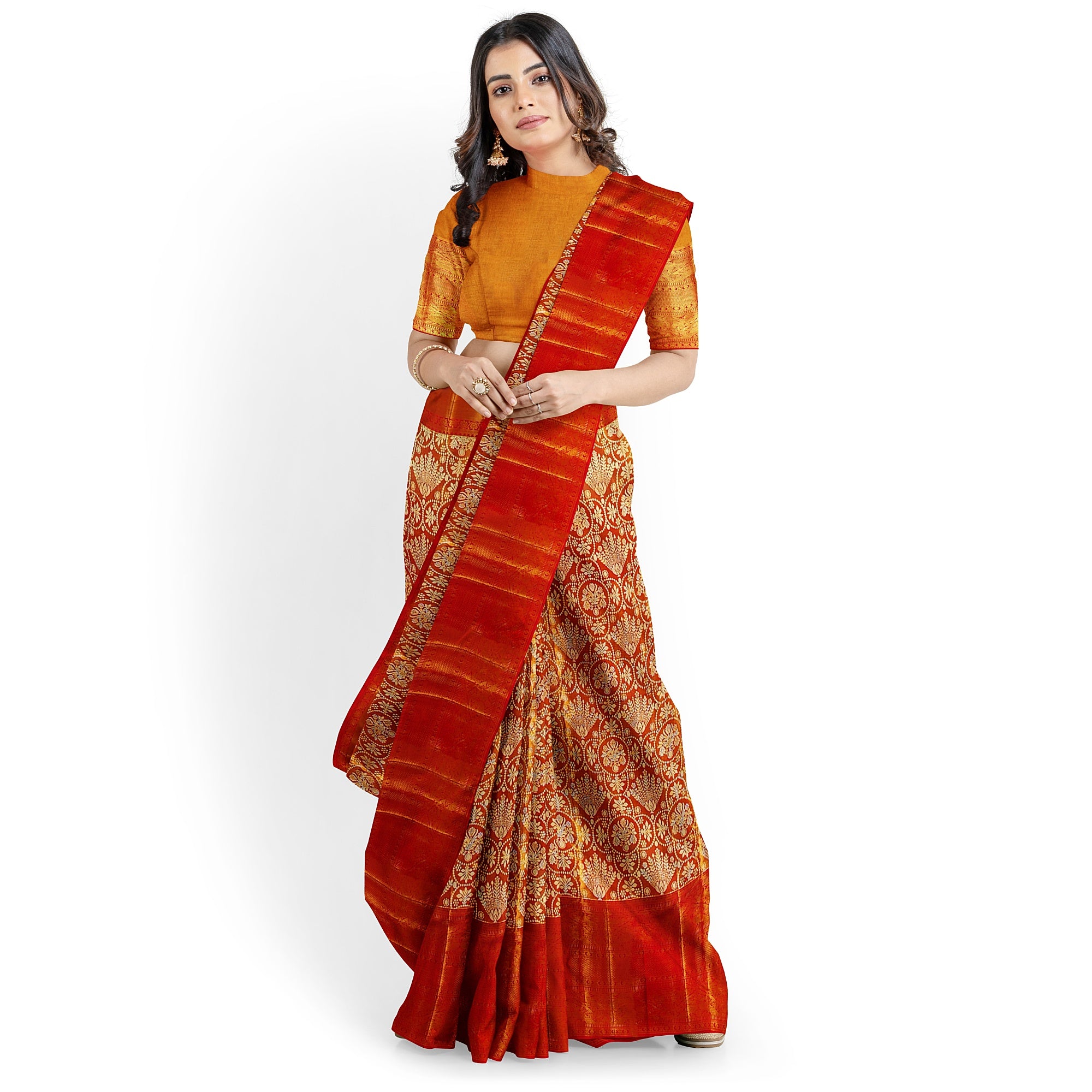 Orange Tissue Silk Kanjivaram Saree with Self Zari Border – Subtle Elegance in Handloom Weave Online - New Sudarshan Silks`