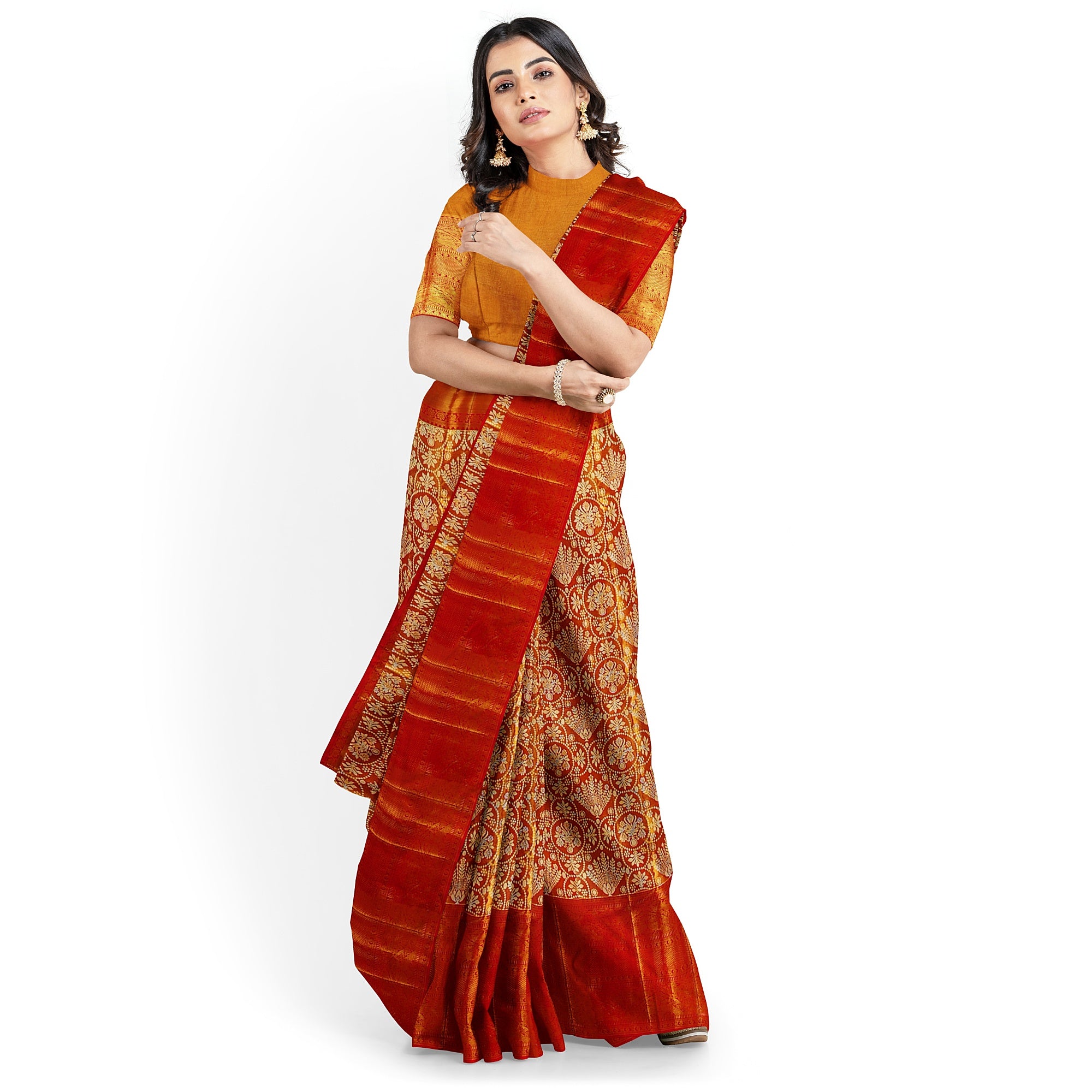 Orange Tissue Silk Kanjivaram Saree with Self Zari Border – Subtle Elegance in Handloom Weave Online - New Sudarshan Silks`