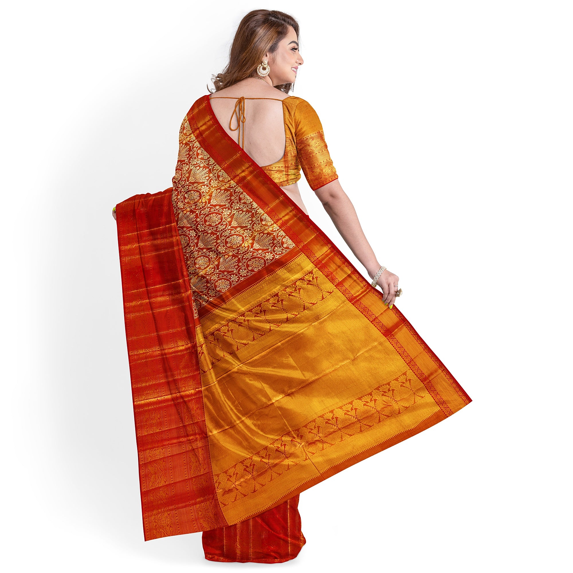 Orange Tissue Silk Kanjivaram Saree with Self Zari Border – Subtle Elegance in Handloom Weave Online - New Sudarshan Silks`