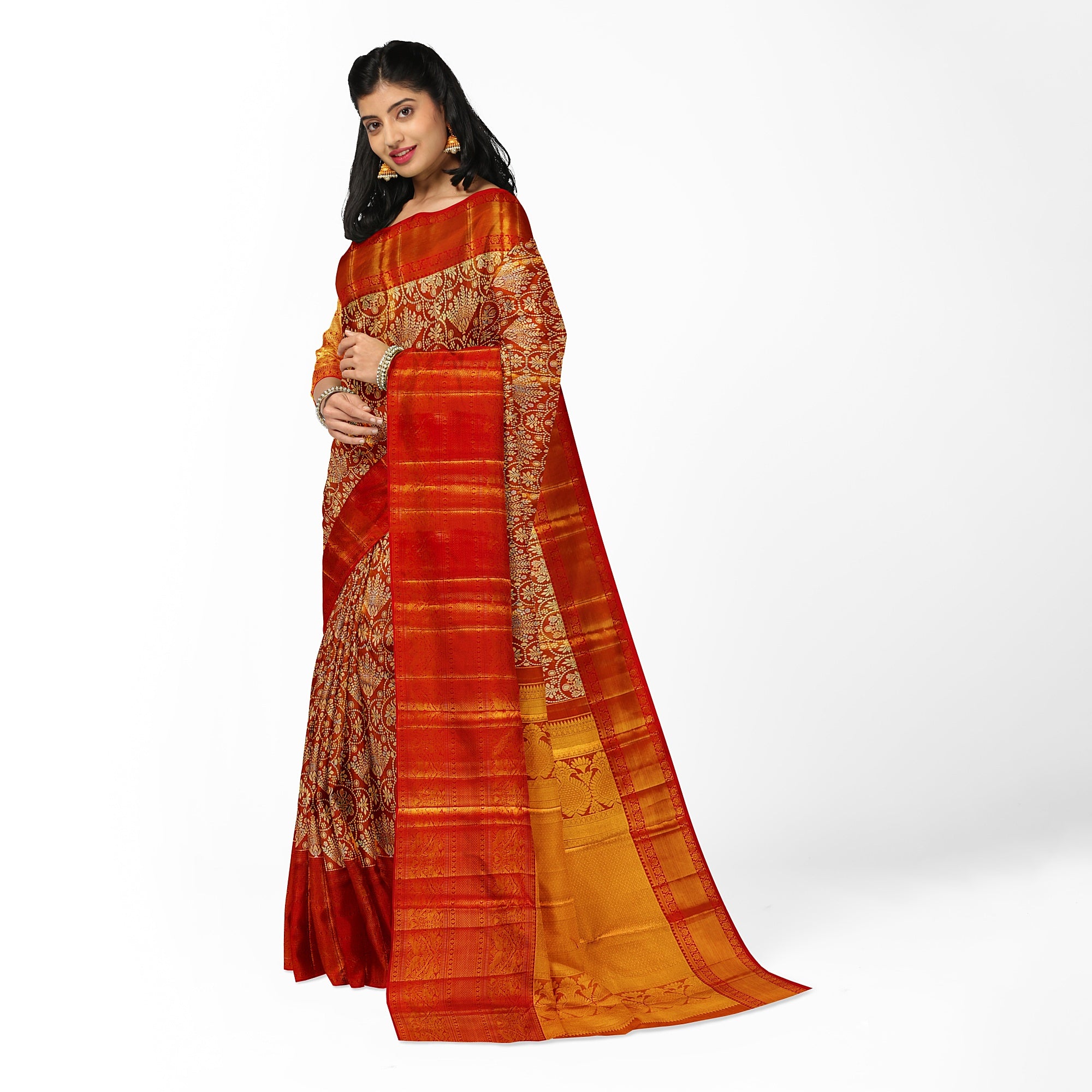 Orange Tissue Silk Kanjivaram Saree with Self Zari Border – Subtle Elegance in Handloom Weave Online - New Sudarshan Silks`