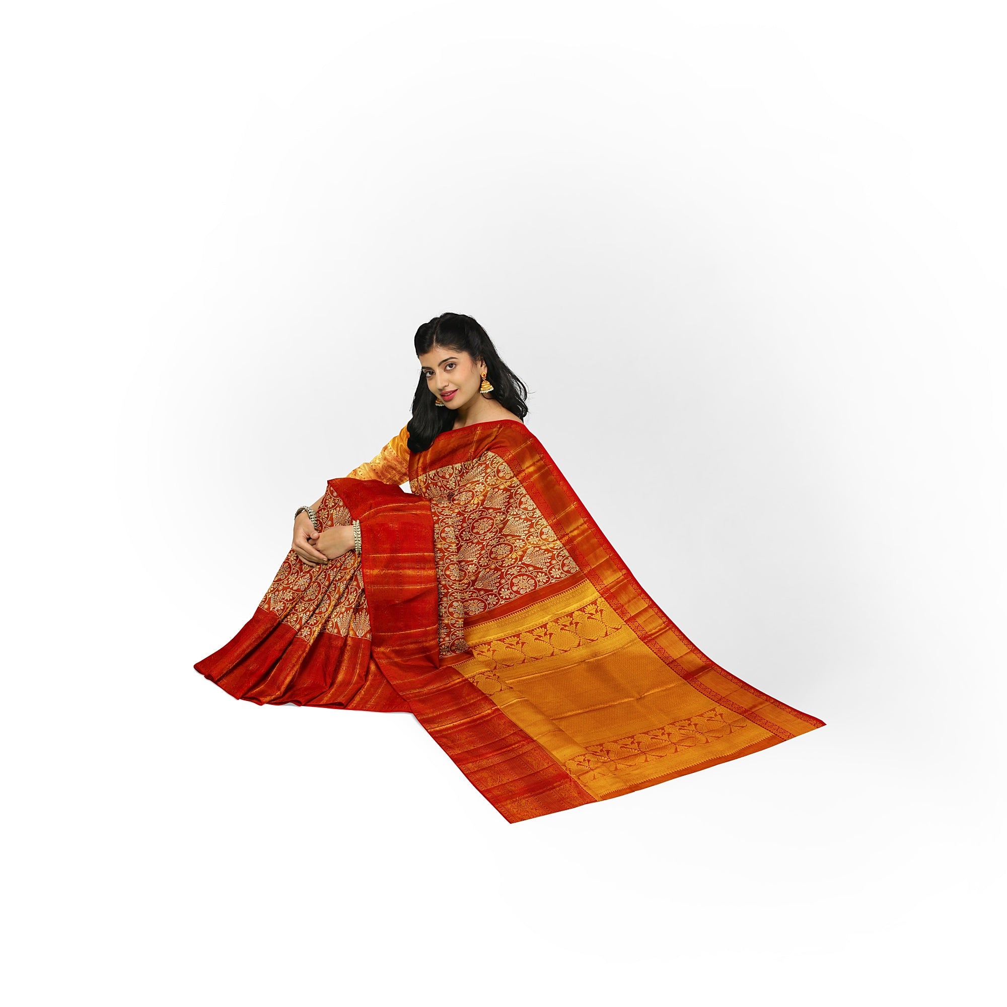 Orange Tissue Silk Kanjivaram Saree with Self Zari Border – Subtle Elegance in Handloom Weave Online - New Sudarshan Silks`
