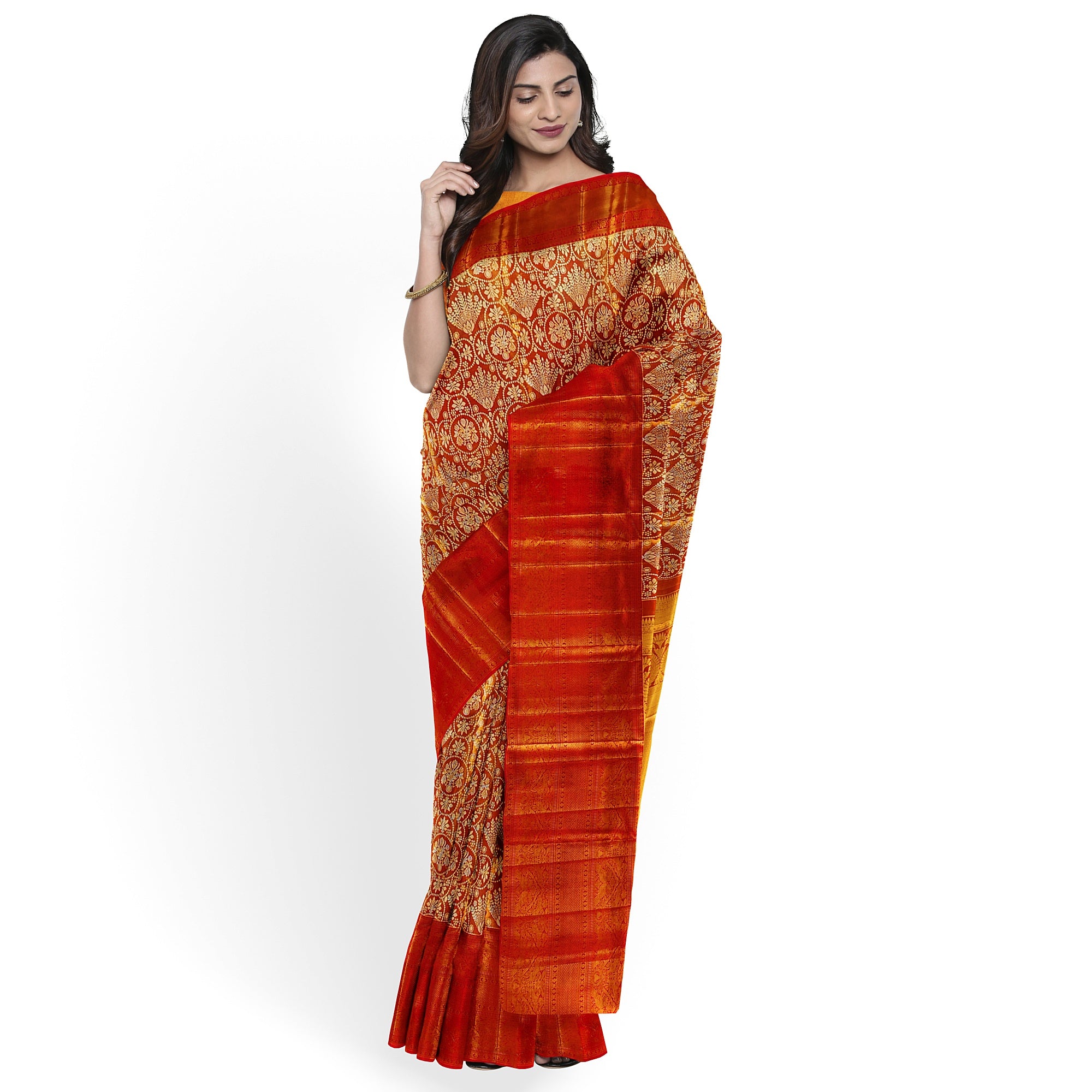 Orange Tissue Silk Kanjivaram Saree with Self Zari Border – Subtle Elegance in Handloom Weave Online - New Sudarshan Silks`