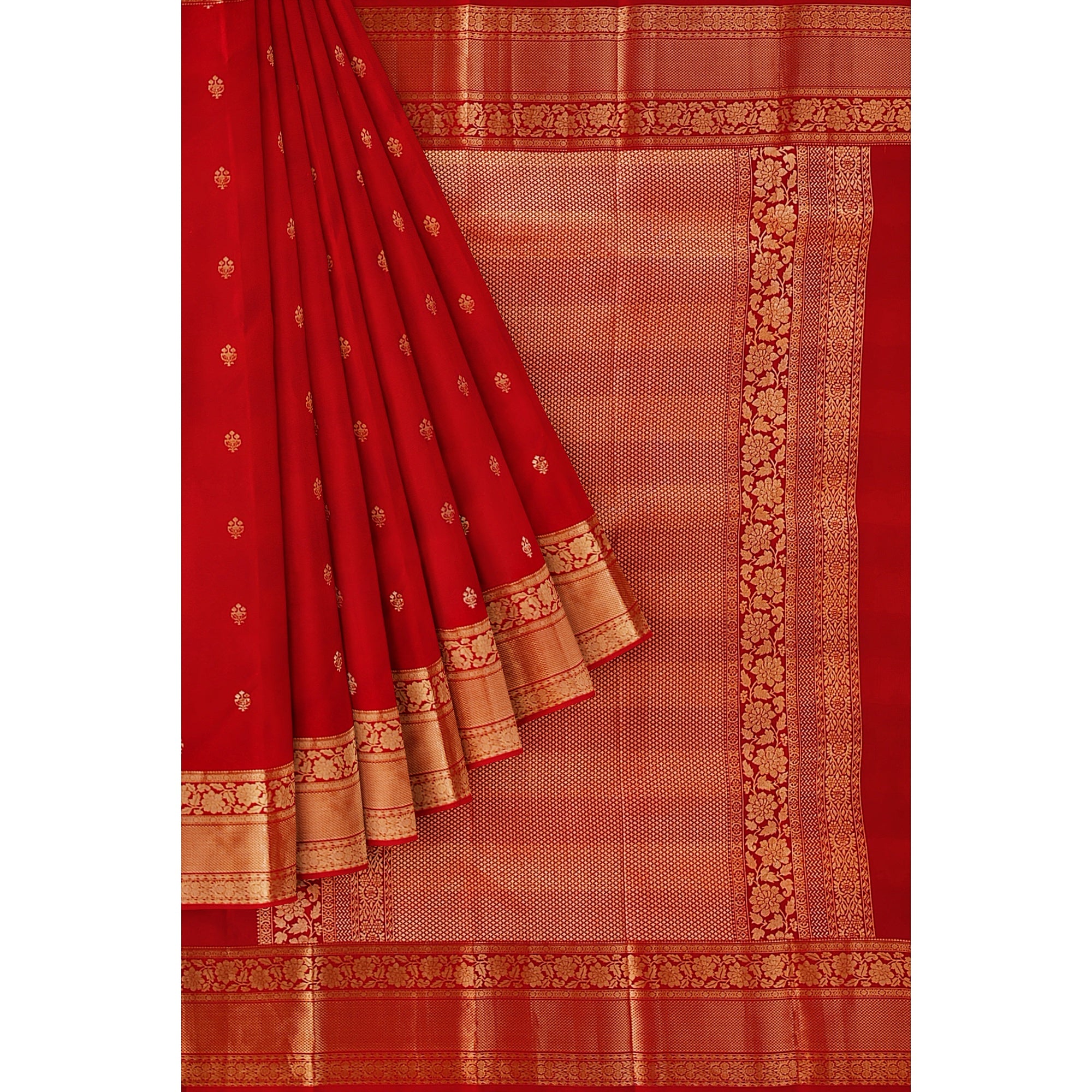 Red Kanjivaram Silk Saree with Peach Contrast Blouse – Traditional Bridal Saree Online - New Sudarshan Silks`