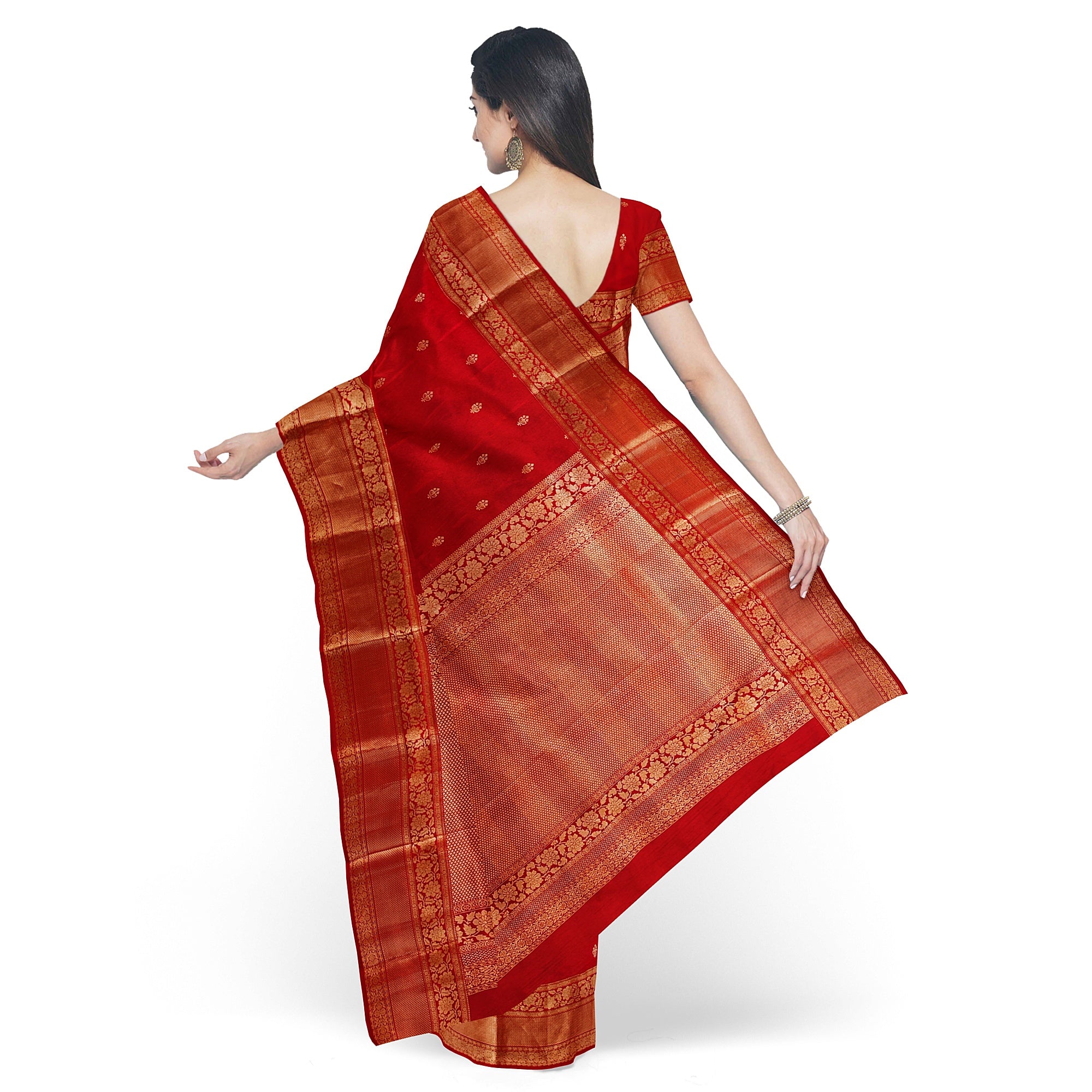 Red Kanjivaram Silk Saree with Peach Contrast Blouse – Traditional Bridal Saree Online - New Sudarshan Silks`