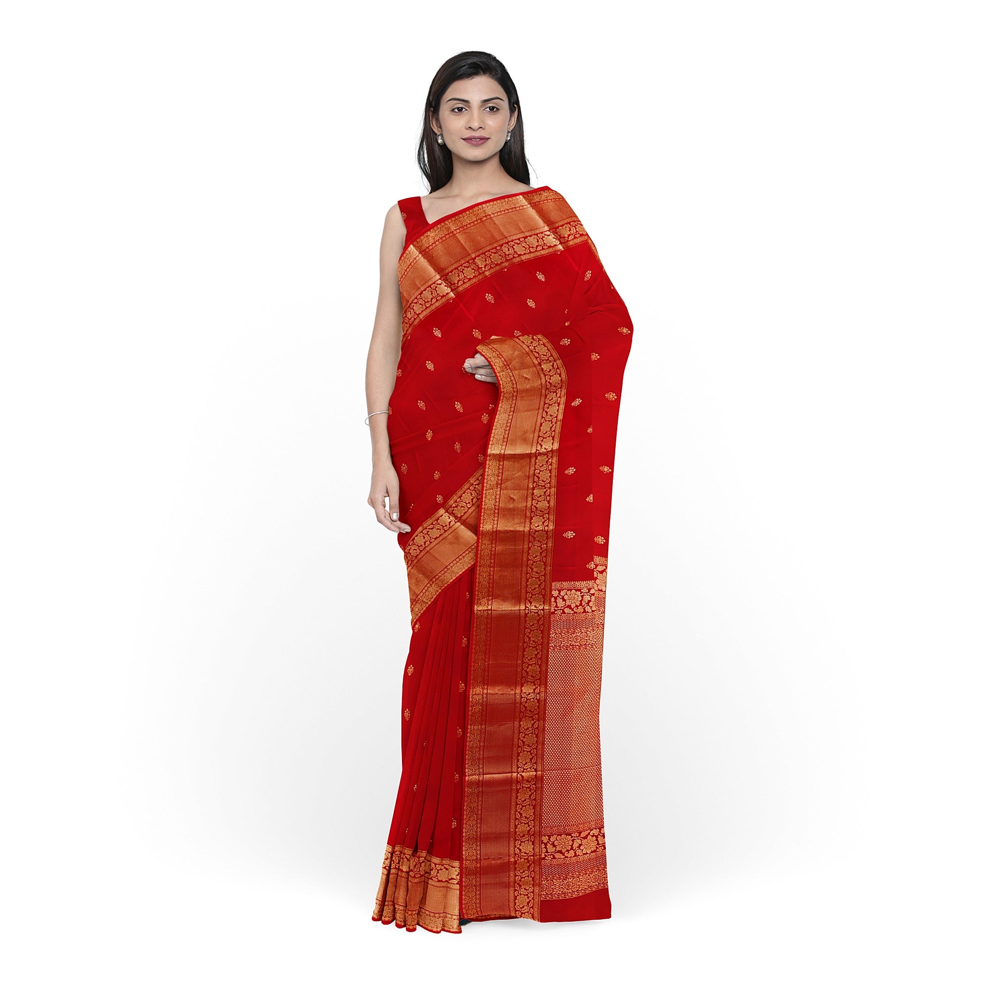 Red Kanjivaram Silk Saree with Peach Contrast Blouse – Traditional Bridal Saree Online - New Sudarshan Silks`