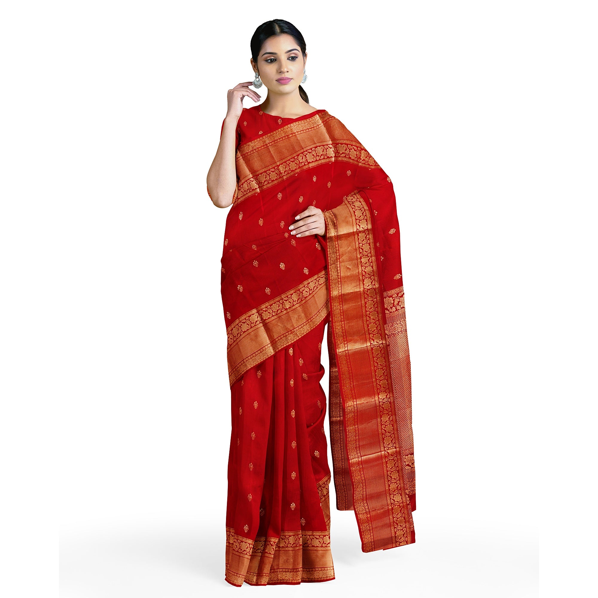 Red Kanjivaram Silk Saree with Peach Contrast Blouse – Traditional Bridal Saree Online - New Sudarshan Silks`