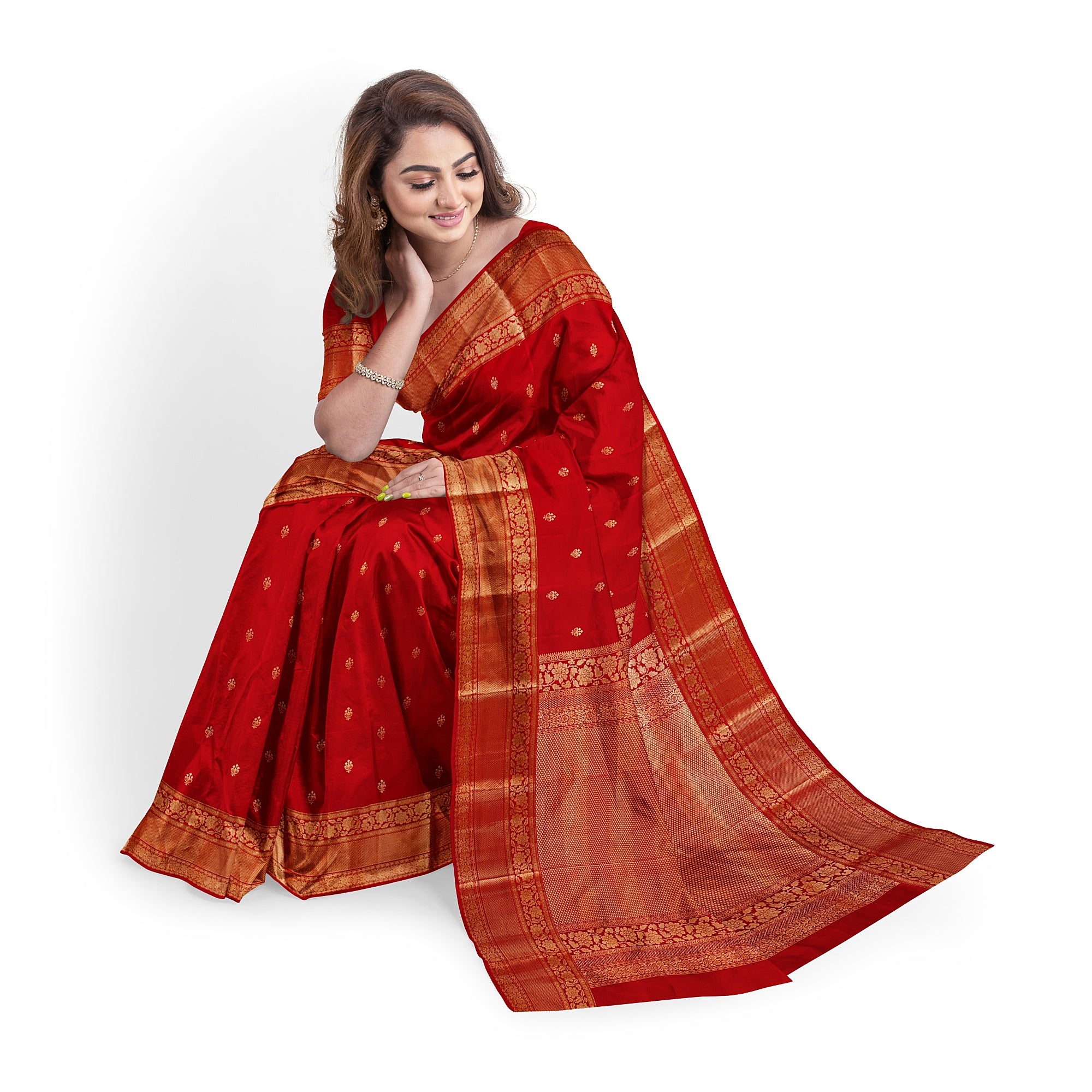 Red Kanjivaram Silk Saree with Peach Contrast Blouse – Traditional Bridal Saree Online - New Sudarshan Silks`