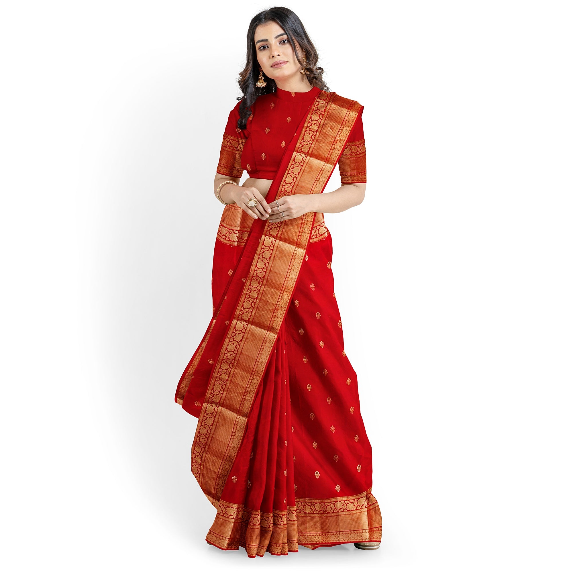 Red Kanjivaram Silk Saree with Peach Contrast Blouse – Traditional Bridal Saree Online - New Sudarshan Silks`