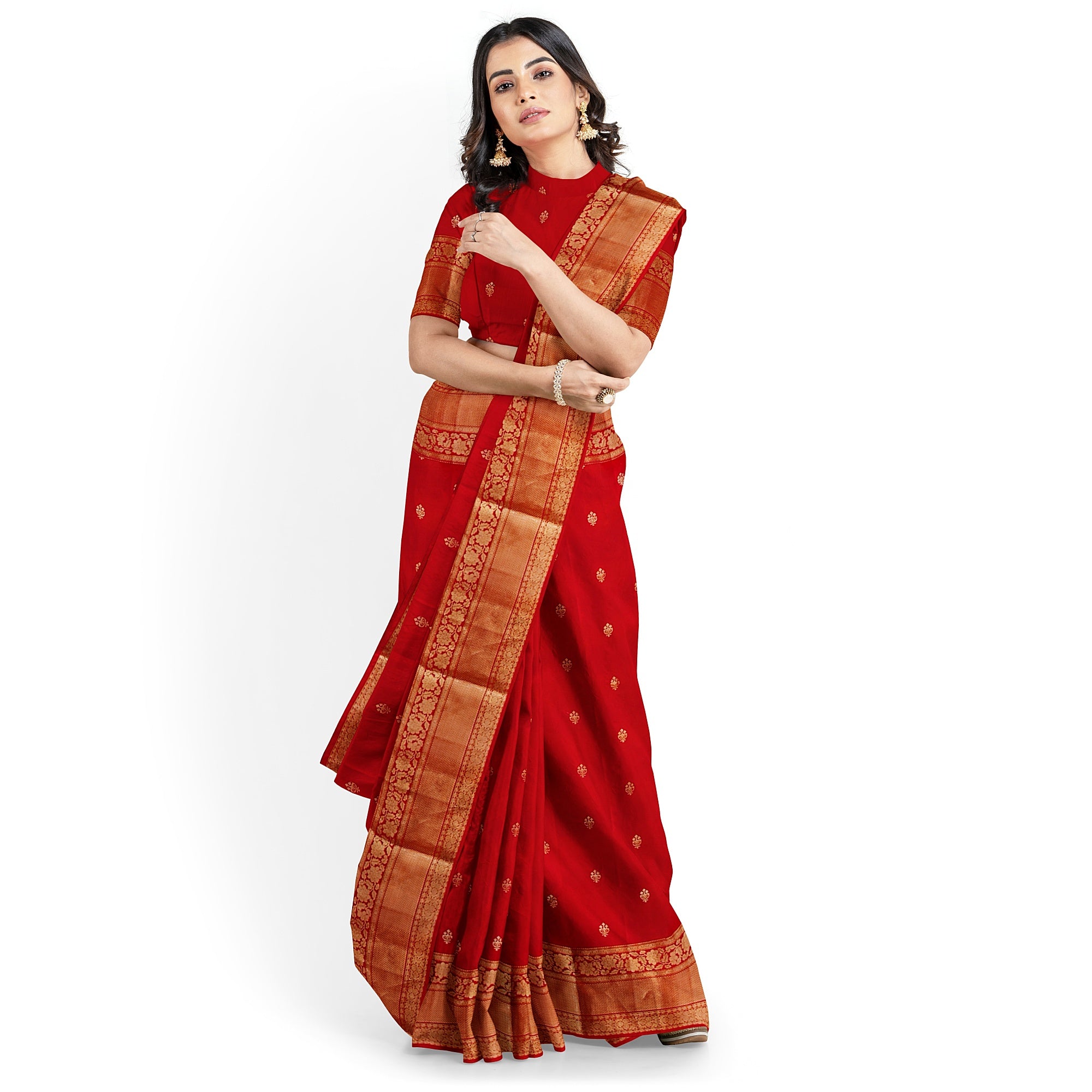 Red Kanjivaram Silk Saree with Peach Contrast Blouse – Traditional Bridal Saree Online - New Sudarshan Silks`