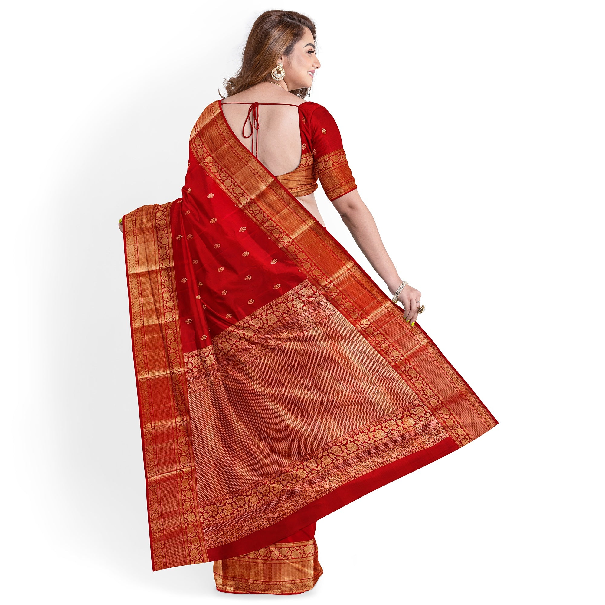 Red Kanjivaram Silk Saree with Peach Contrast Blouse – Traditional Bridal Saree Online - New Sudarshan Silks`