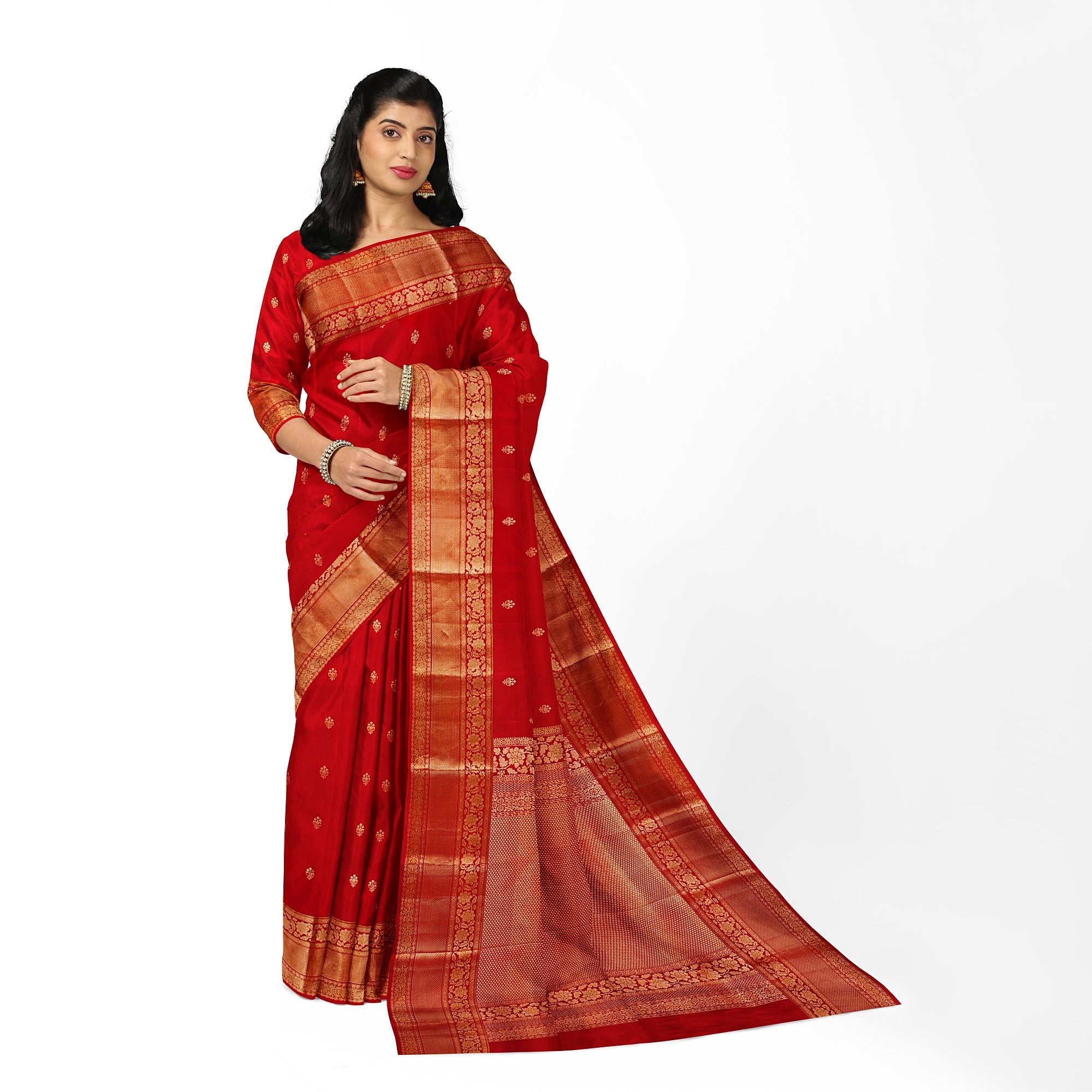Red Kanjivaram Silk Saree with Peach Contrast Blouse – Traditional Bridal Saree Online - New Sudarshan Silks`