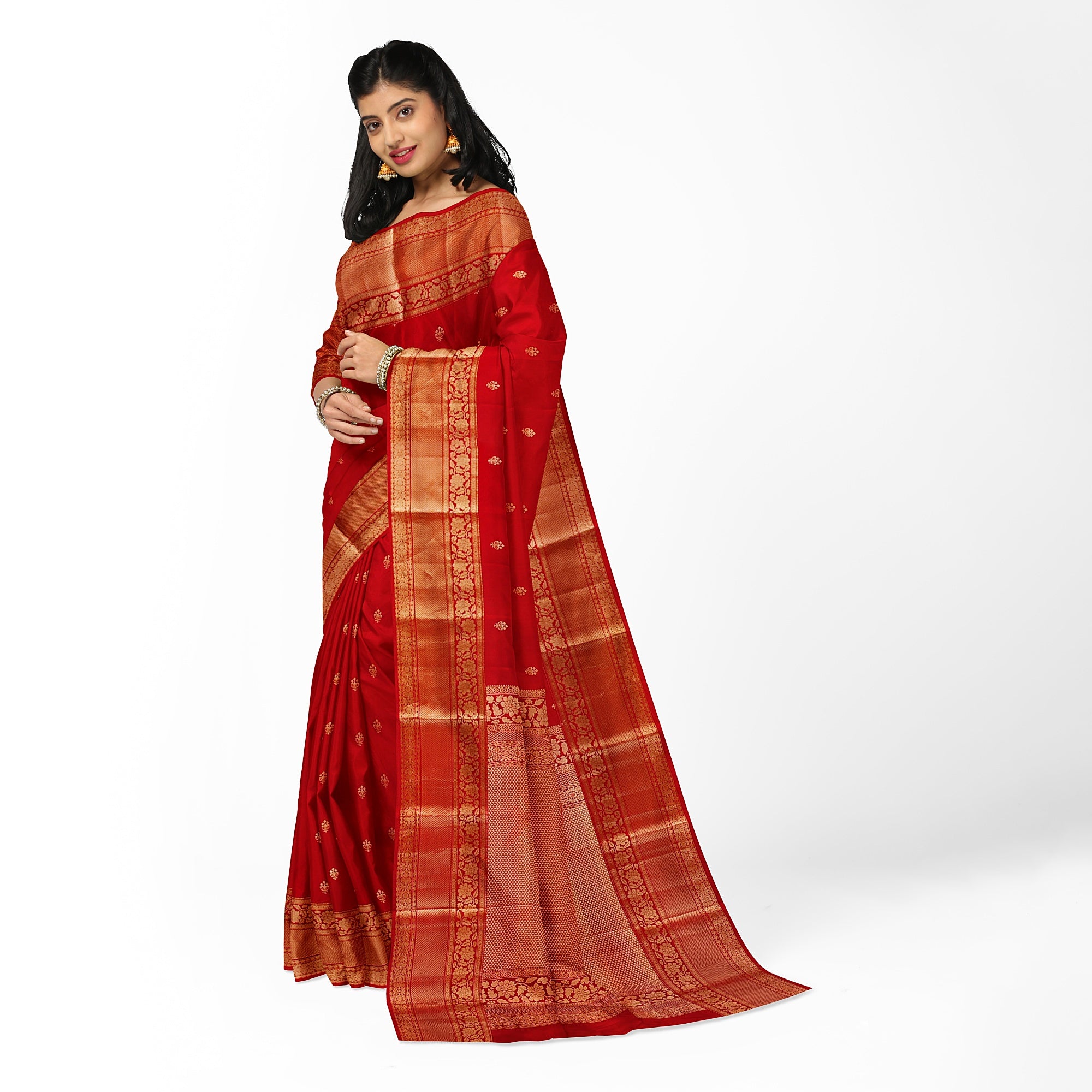 Red Kanjivaram Silk Saree with Peach Contrast Blouse – Traditional Bridal Saree Online - New Sudarshan Silks`