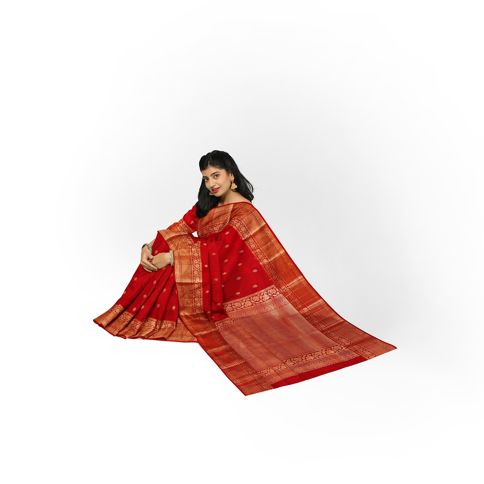 Red Kanjivaram Silk Saree with Peach Contrast Blouse – Traditional Bridal Saree Online - New Sudarshan Silks`