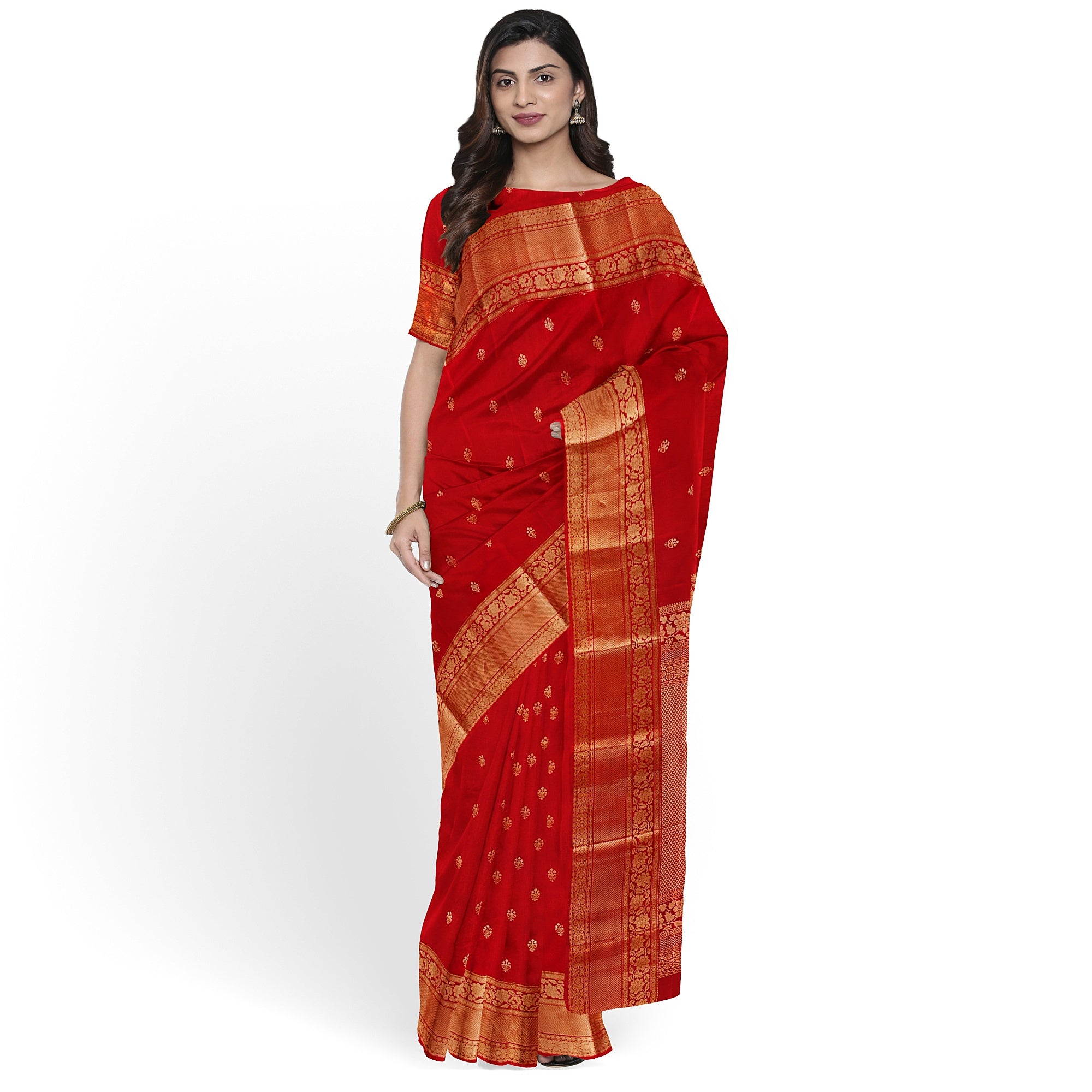 Red Kanjivaram Silk Saree with Peach Contrast Blouse – Traditional Bridal Saree Online - New Sudarshan Silks`
