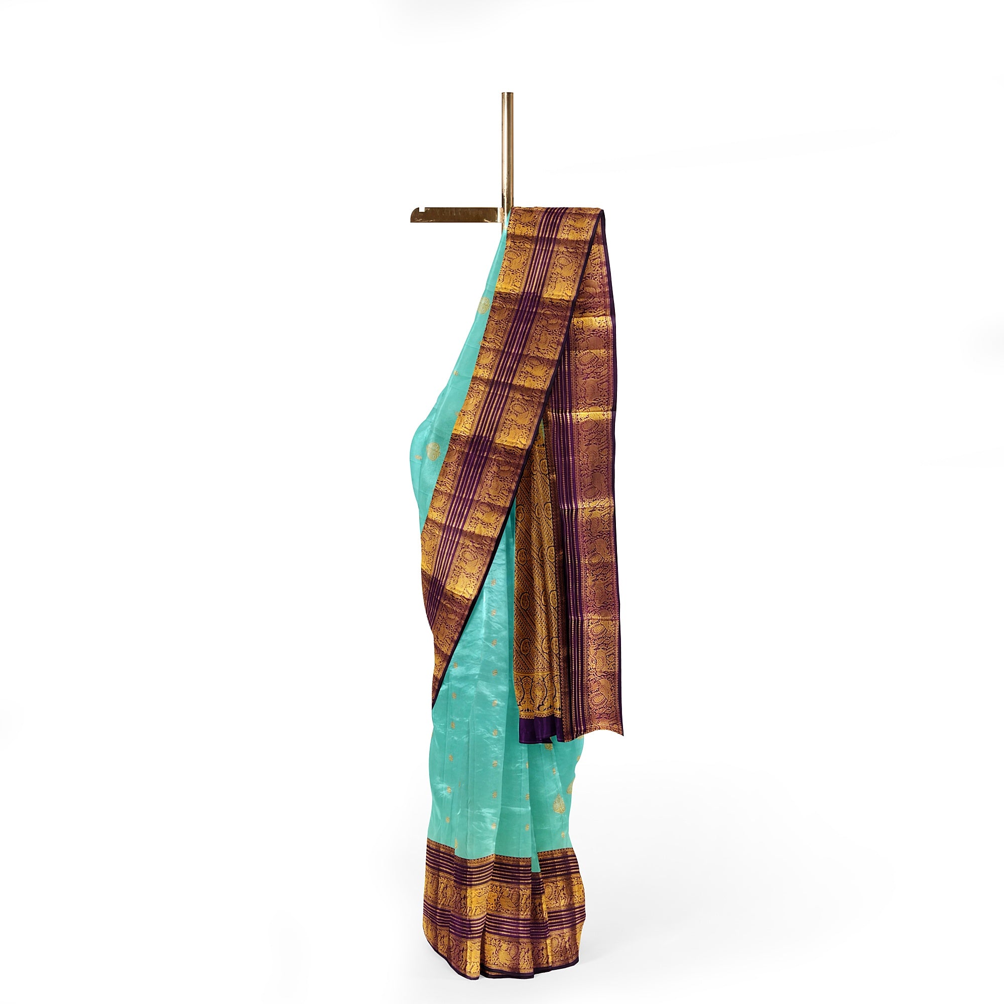 Sky Blue Kanjivaram Silk Saree with Purple Shade Zari Border – Pure Handloom Bridal Saree Online - New Sudarshan Silks`