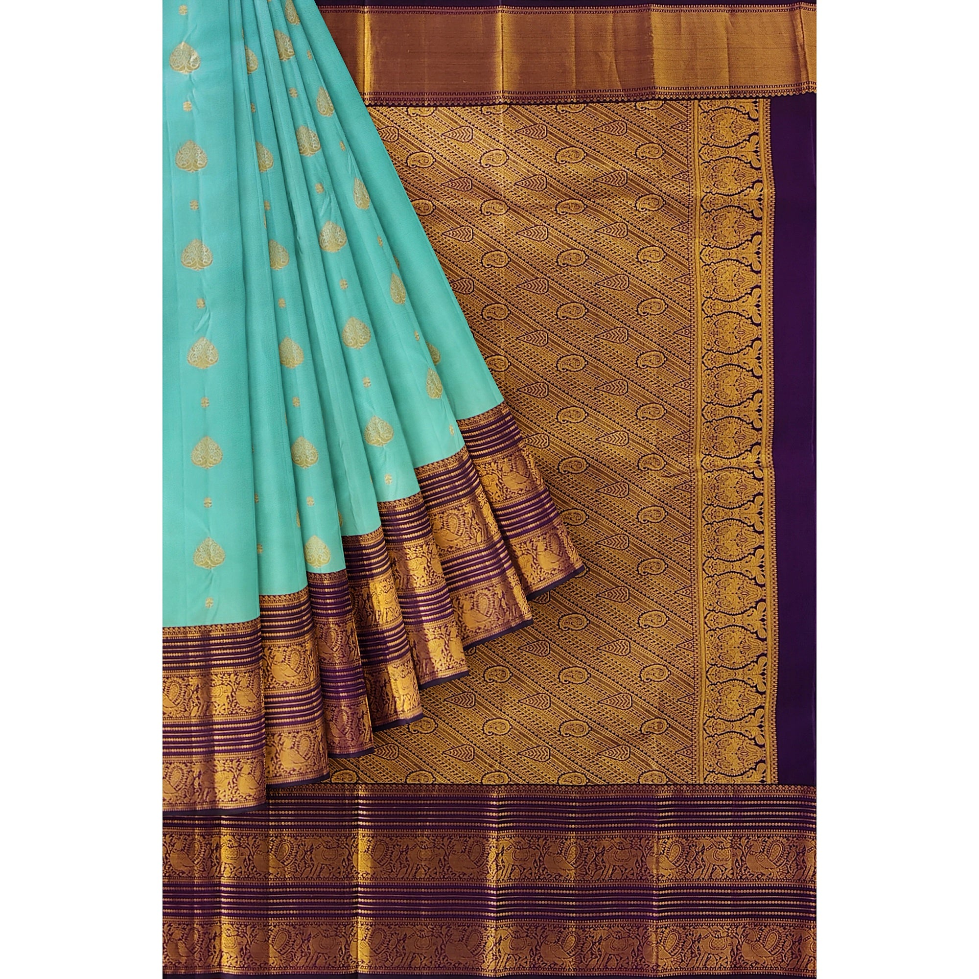 Sky Blue Kanjivaram Silk Saree with Purple Shade Zari Border – Pure Handloom Bridal Saree Online - New Sudarshan Silks`