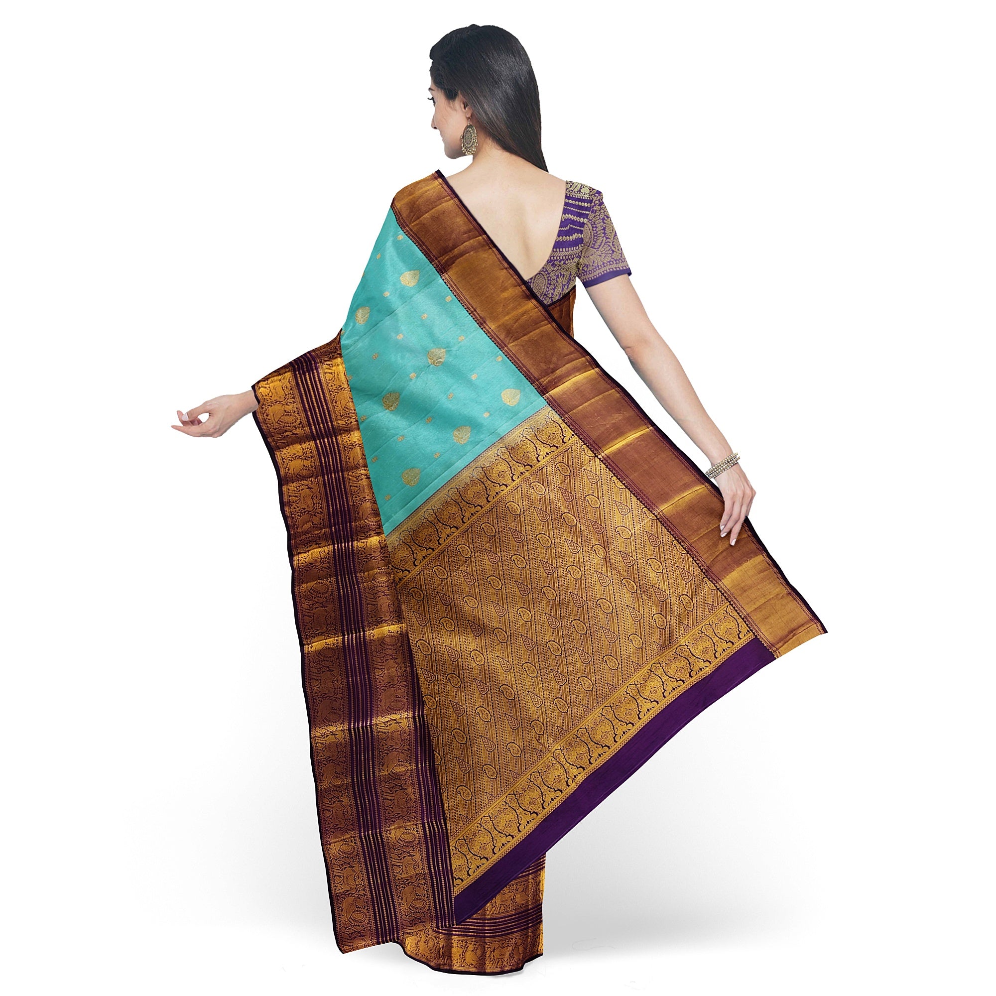 Sky Blue Kanjivaram Silk Saree with Purple Shade Zari Border – Pure Handloom Bridal Saree Online - New Sudarshan Silks`