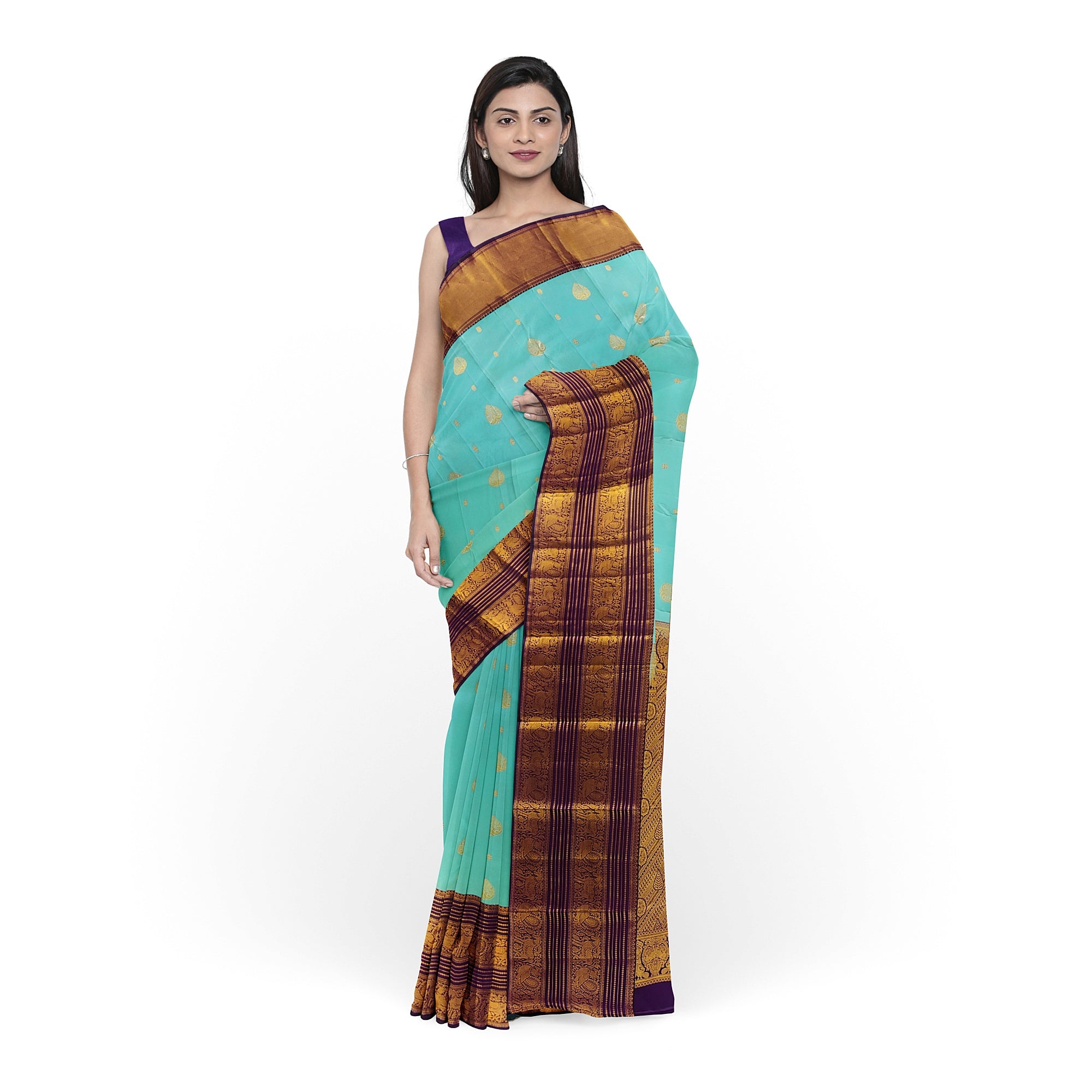 Sky Blue Kanjivaram Silk Saree with Purple Shade Zari Border – Pure Handloom Bridal Saree Online - New Sudarshan Silks`