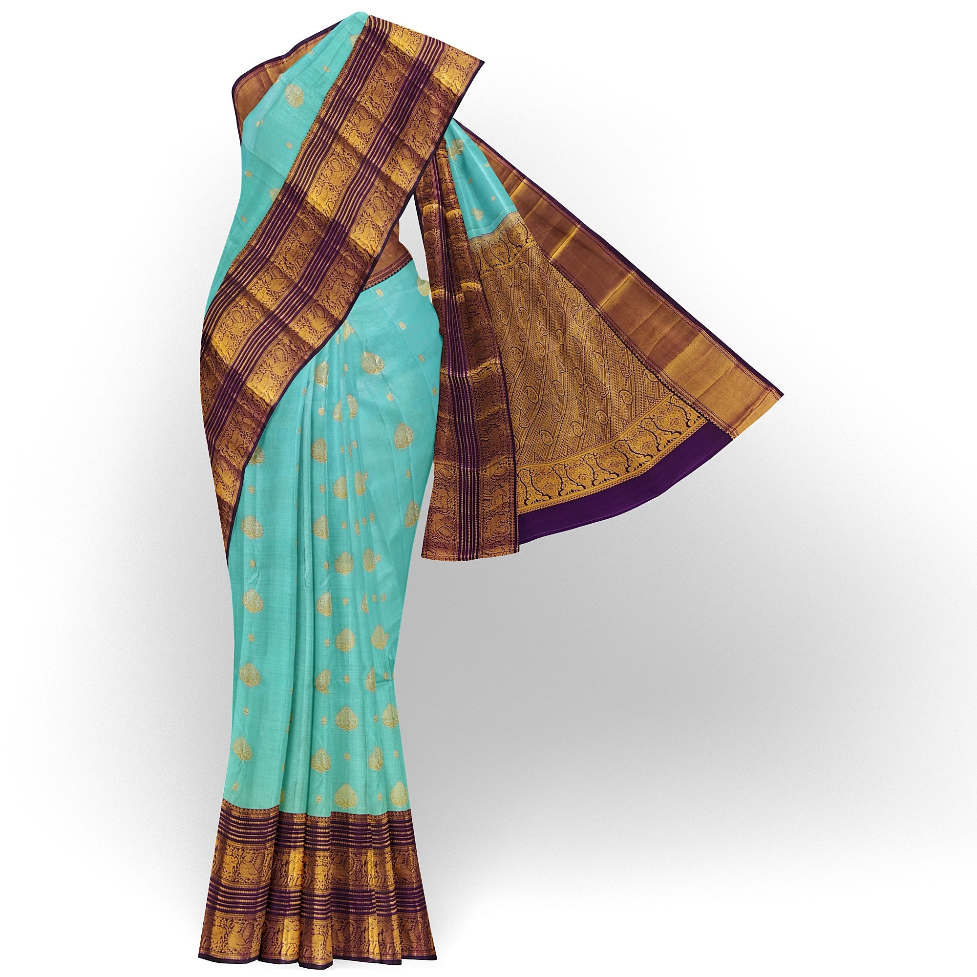 Sky Blue Kanjivaram Silk Saree with Purple Shade Zari Border – Pure Handloom Bridal Saree Online - New Sudarshan Silks`