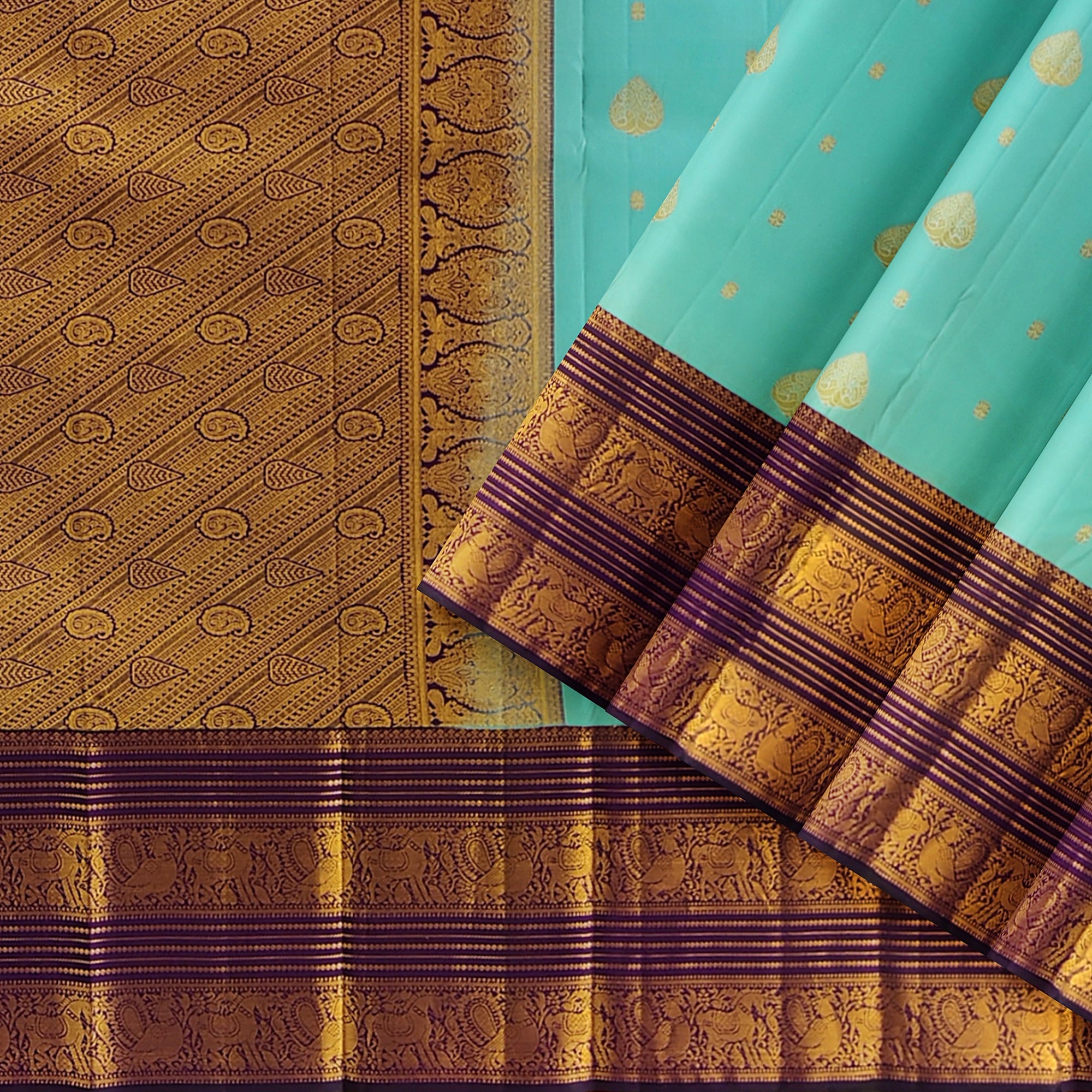 Sky Blue Kanjivaram Silk Saree with Purple Shade Zari Border – Pure Handloom Bridal Saree Online - New Sudarshan Silks`