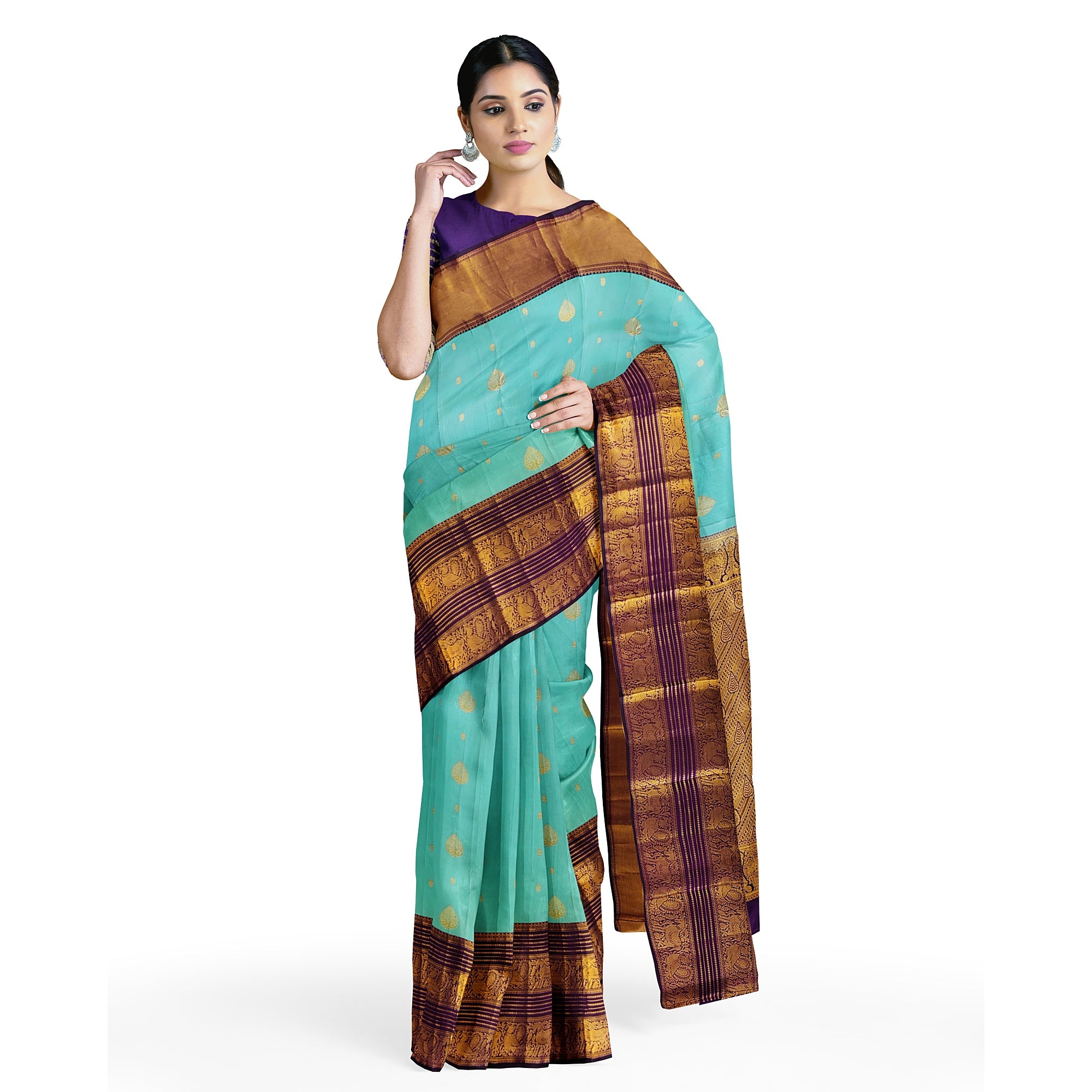 Sky Blue Kanjivaram Silk Saree with Purple Shade Zari Border – Pure Handloom Bridal Saree Online - New Sudarshan Silks`