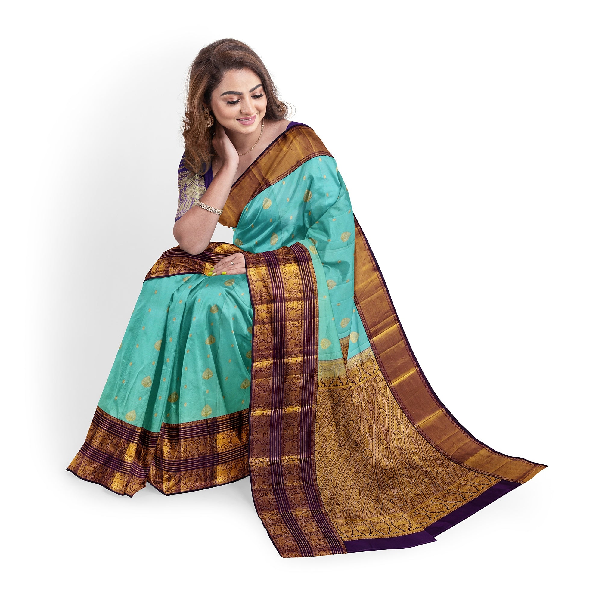 Sky Blue Kanjivaram Silk Saree with Purple Shade Zari Border – Pure Handloom Bridal Saree Online - New Sudarshan Silks`