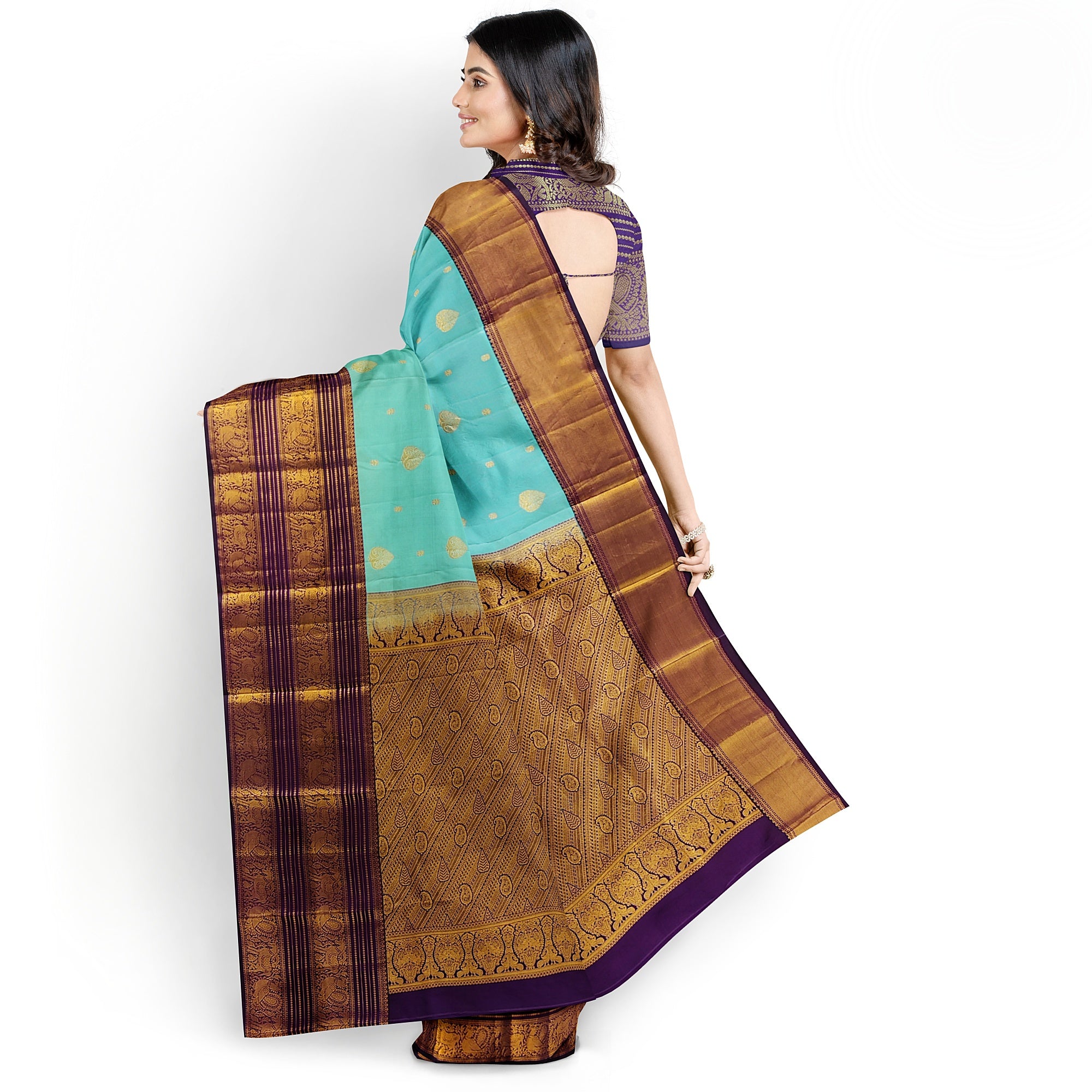 Sky Blue Kanjivaram Silk Saree with Purple Shade Zari Border – Pure Handloom Bridal Saree Online - New Sudarshan Silks`
