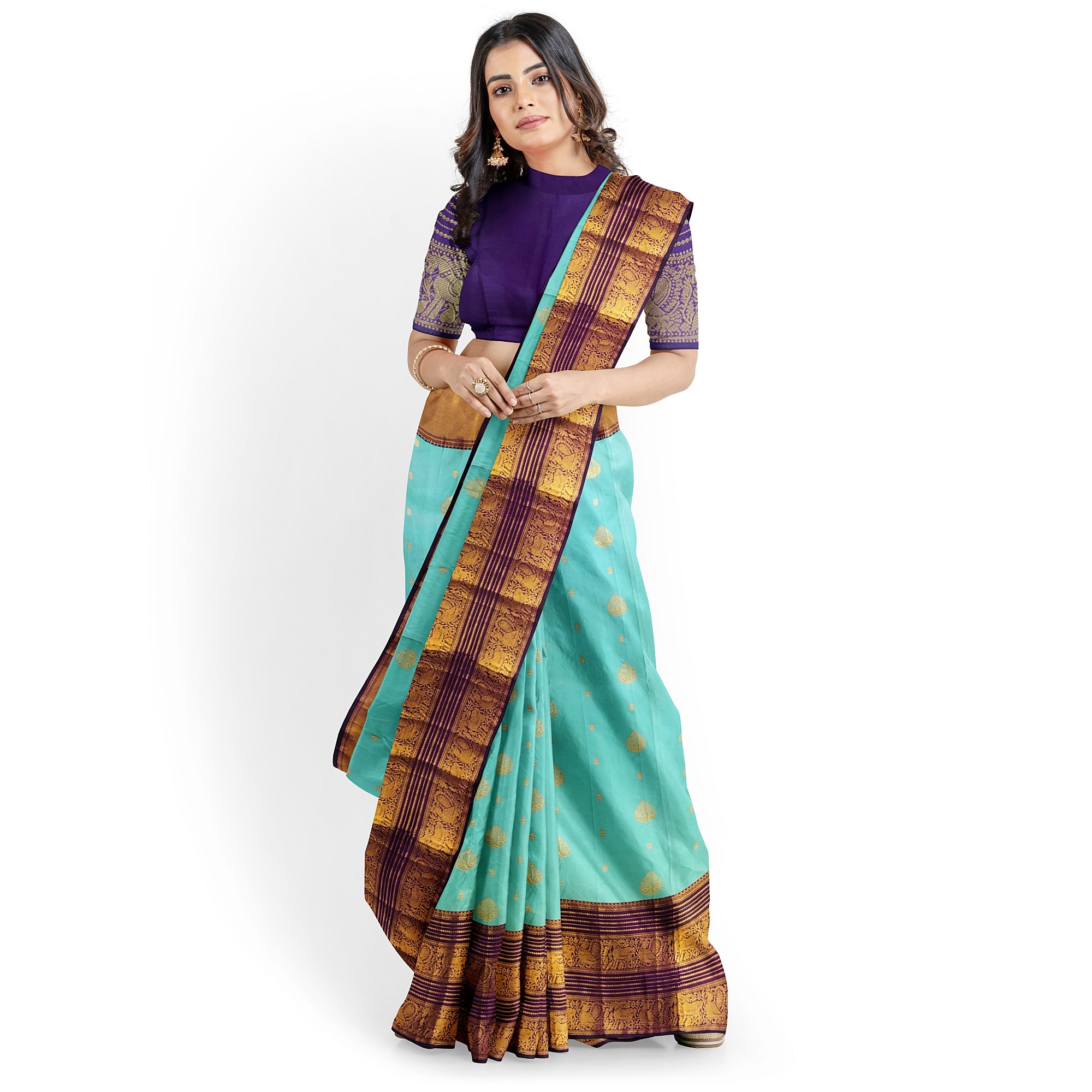 Sky Blue Kanjivaram Silk Saree with Purple Shade Zari Border – Pure Handloom Bridal Saree Online - New Sudarshan Silks`