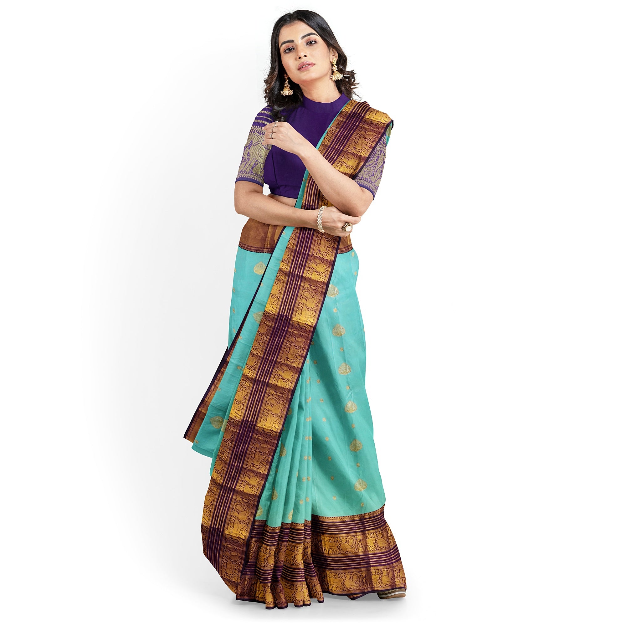 Sky Blue Kanjivaram Silk Saree with Purple Shade Zari Border – Pure Handloom Bridal Saree Online - New Sudarshan Silks`