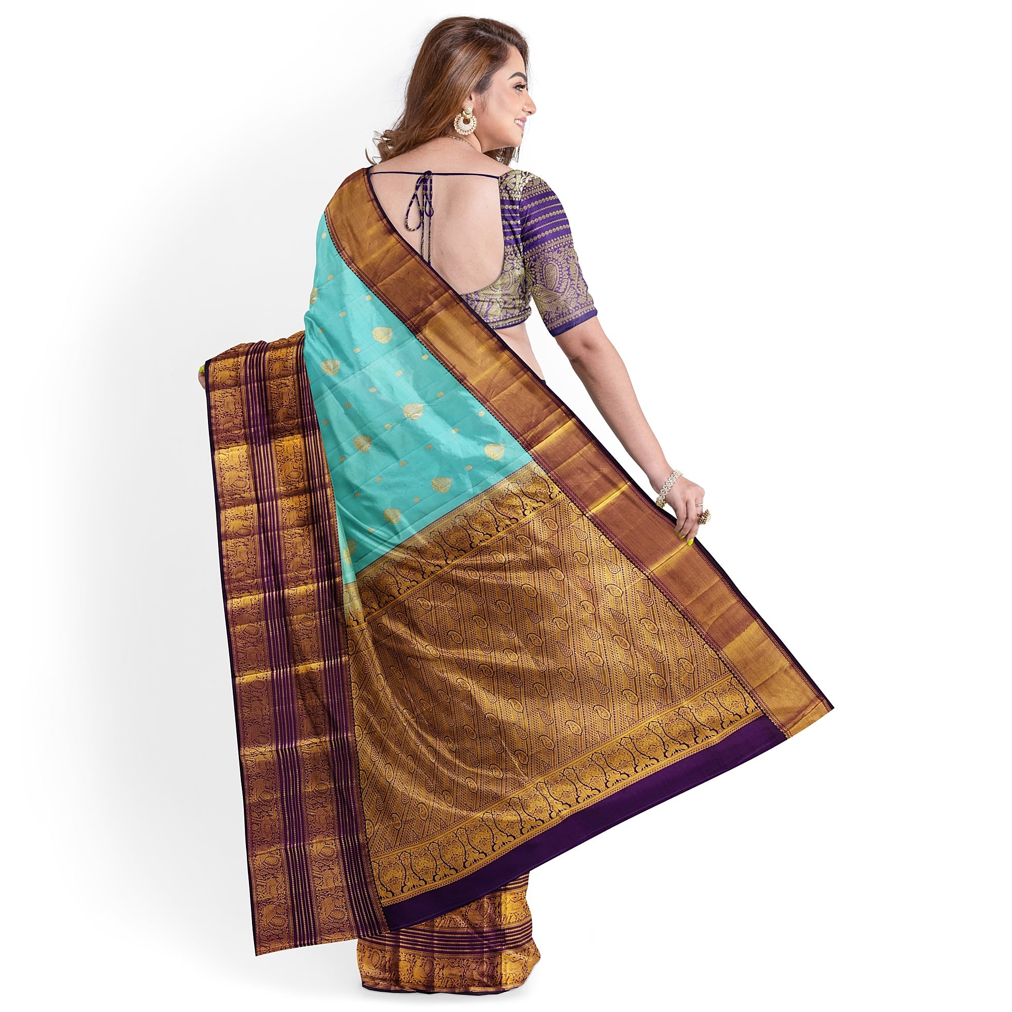 Sky Blue Kanjivaram Silk Saree with Purple Shade Zari Border – Pure Handloom Bridal Saree Online - New Sudarshan Silks`