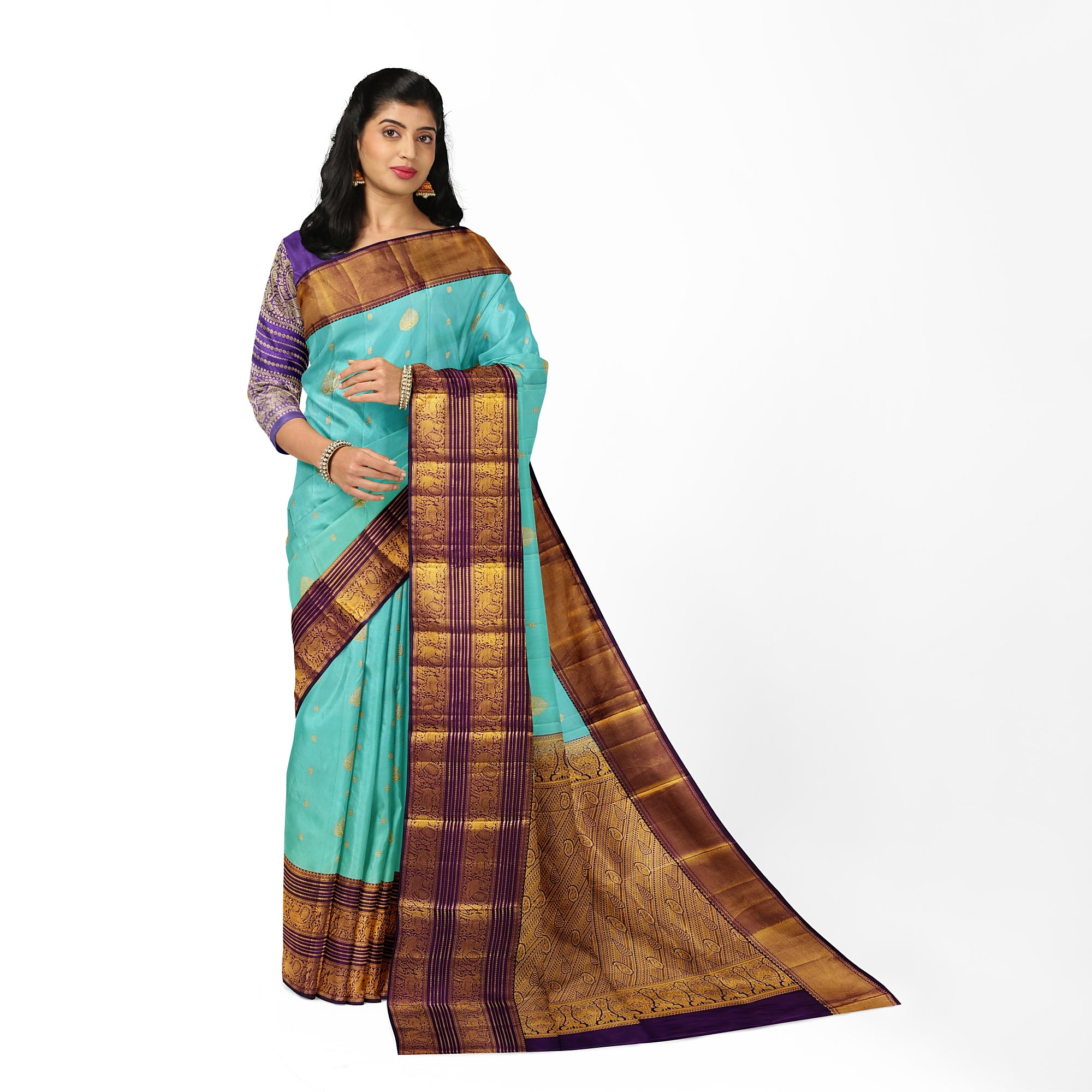 Sky Blue Kanjivaram Silk Saree with Purple Shade Zari Border – Pure Handloom Bridal Saree Online - New Sudarshan Silks`