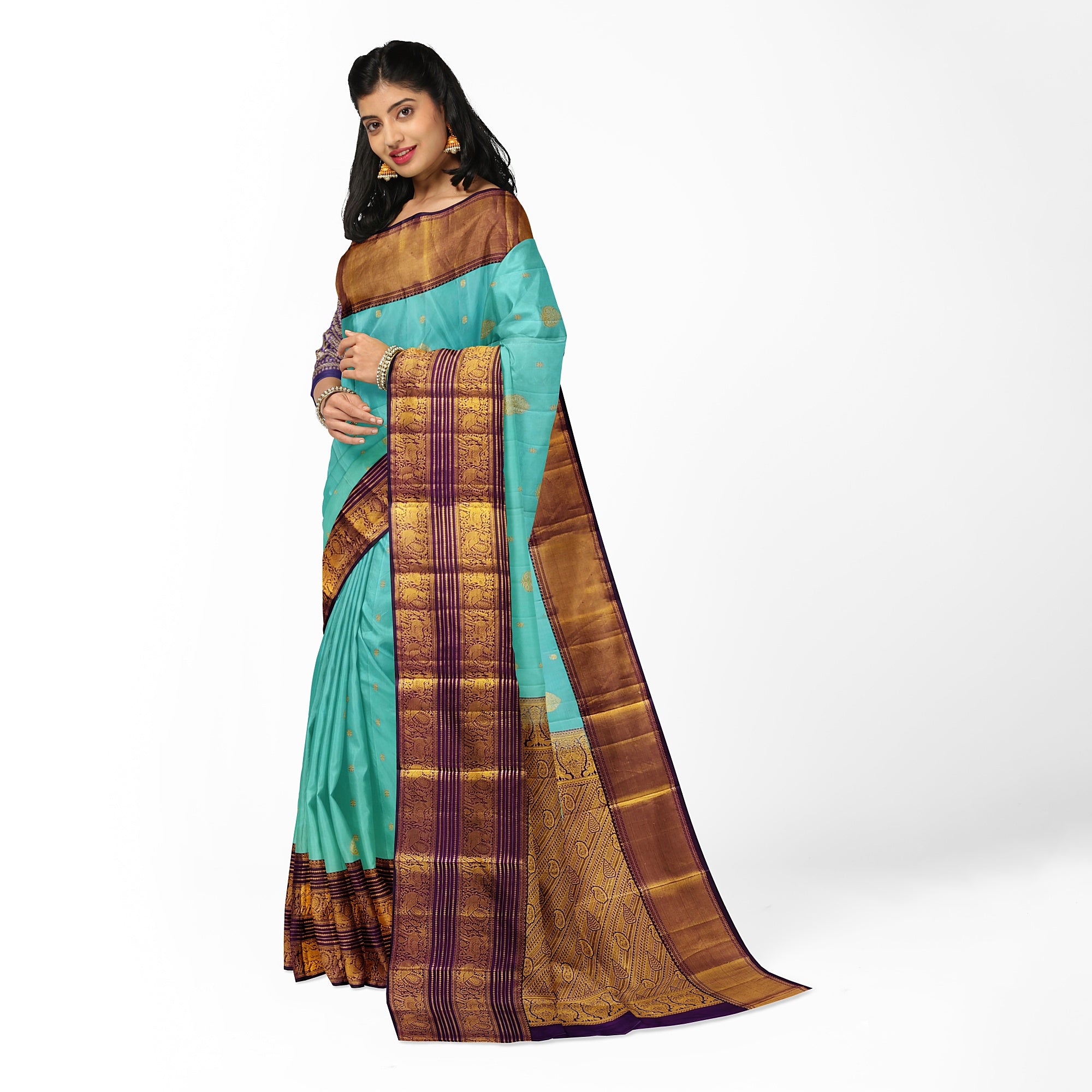 Sky Blue Kanjivaram Silk Saree with Purple Shade Zari Border – Pure Handloom Bridal Saree Online - New Sudarshan Silks`