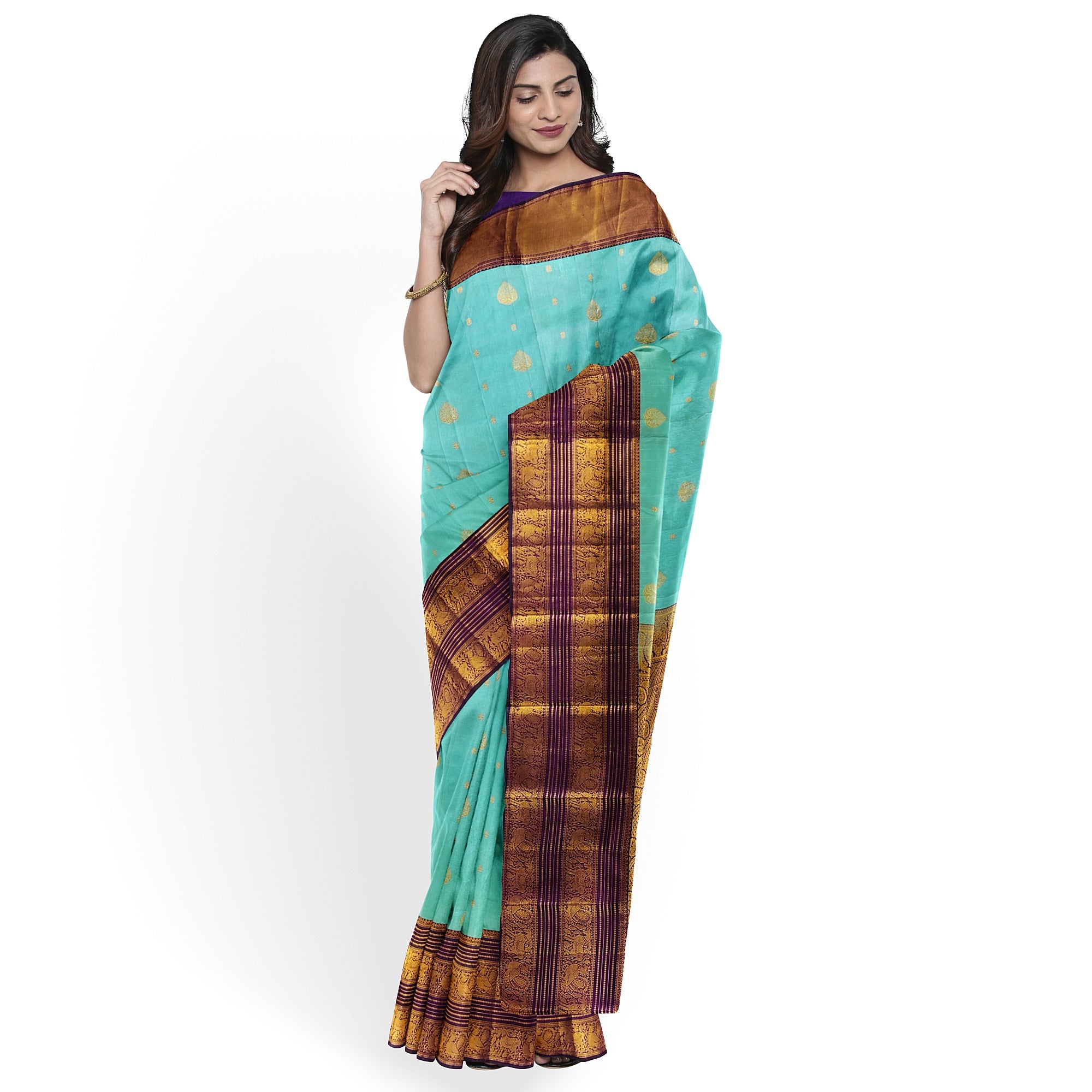 Sky Blue Kanjivaram Silk Saree with Purple Shade Zari Border – Pure Handloom Bridal Saree Online - New Sudarshan Silks`