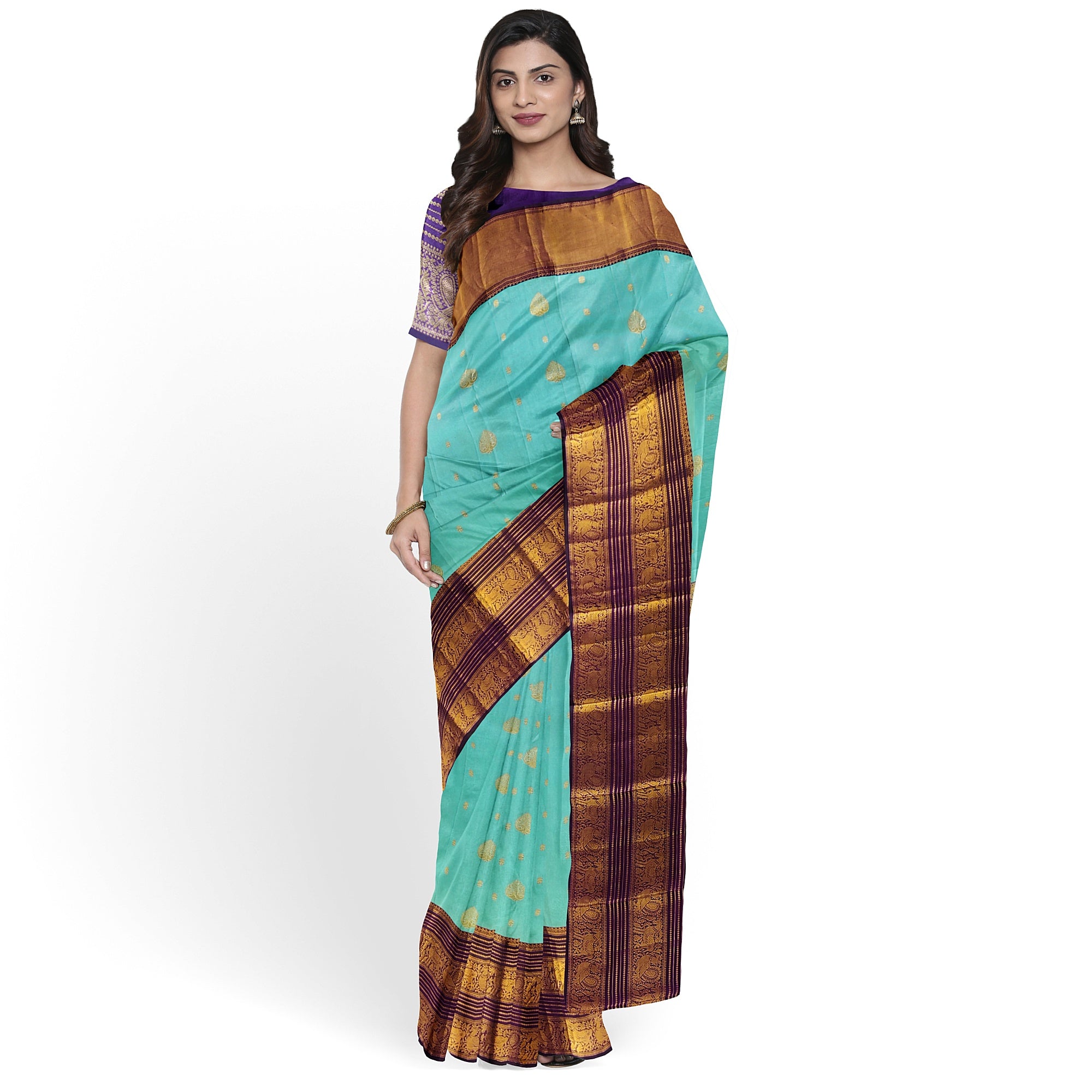Sky Blue Kanjivaram Silk Saree with Purple Shade Zari Border – Pure Handloom Bridal Saree Online - New Sudarshan Silks`