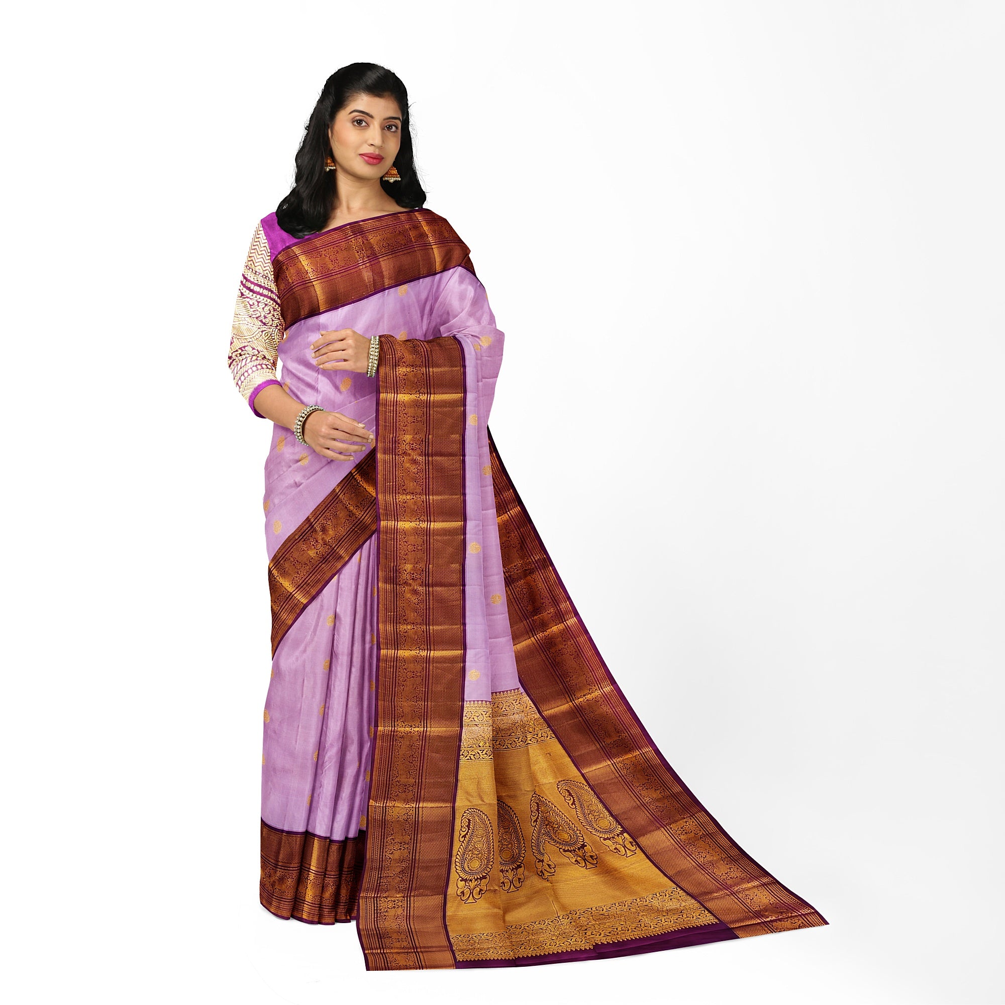 Light Pink Kanjivaram Silk Saree with Maroon Zari Border – Graceful Wedding Silk Saree Online - New Sudarshan Silks`