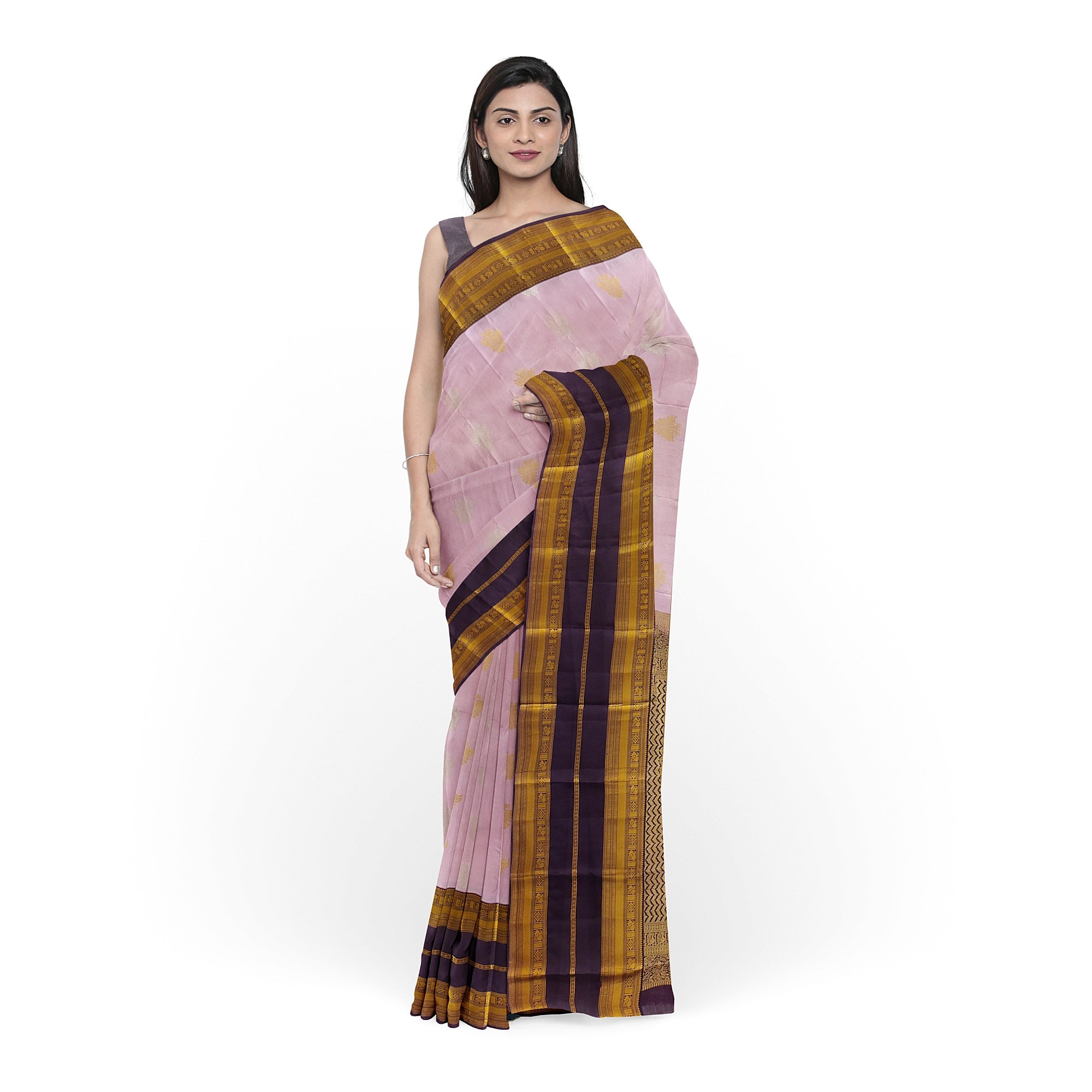 Baby Pink Kanjivaram Silk Saree with Maroon and Gold Zari Border – Elegant Handloom Saree Online - New Sudarshan Silks`
