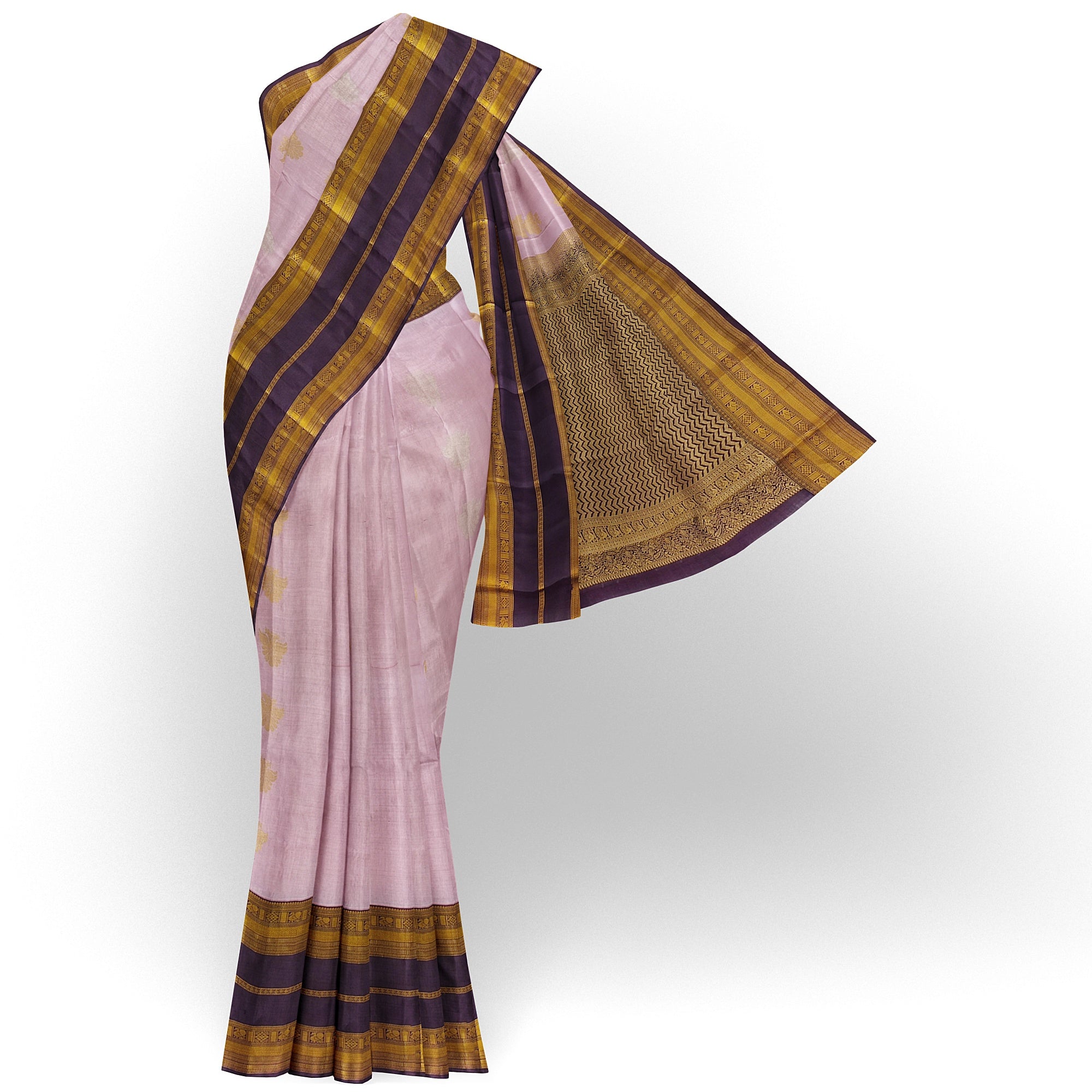 Baby Pink Kanjivaram Silk Saree with Maroon and Gold Zari Border – Elegant Handloom Saree Online - New Sudarshan Silks`