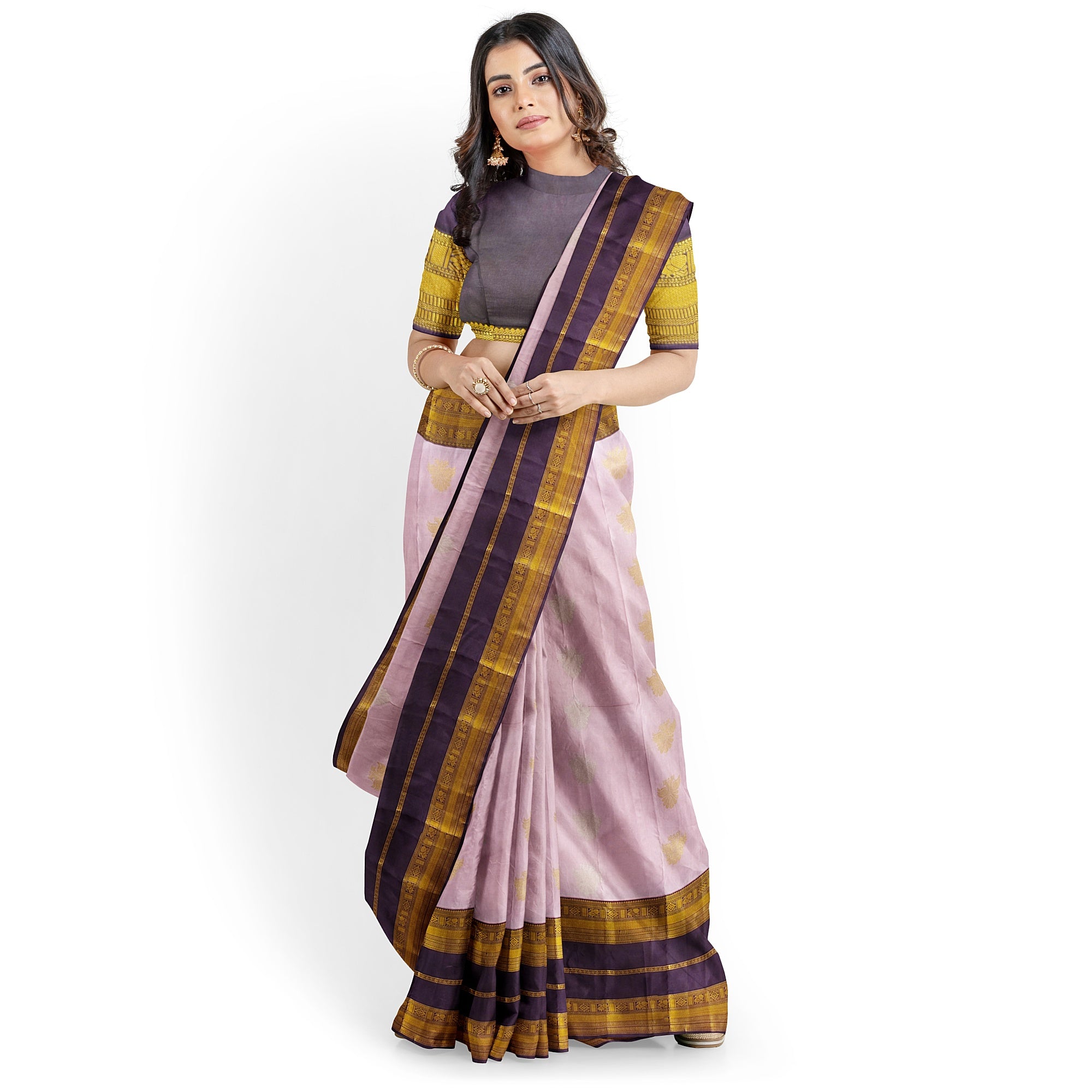 Baby Pink Kanjivaram Silk Saree with Maroon and Gold Zari Border – Elegant Handloom Saree Online - New Sudarshan Silks`