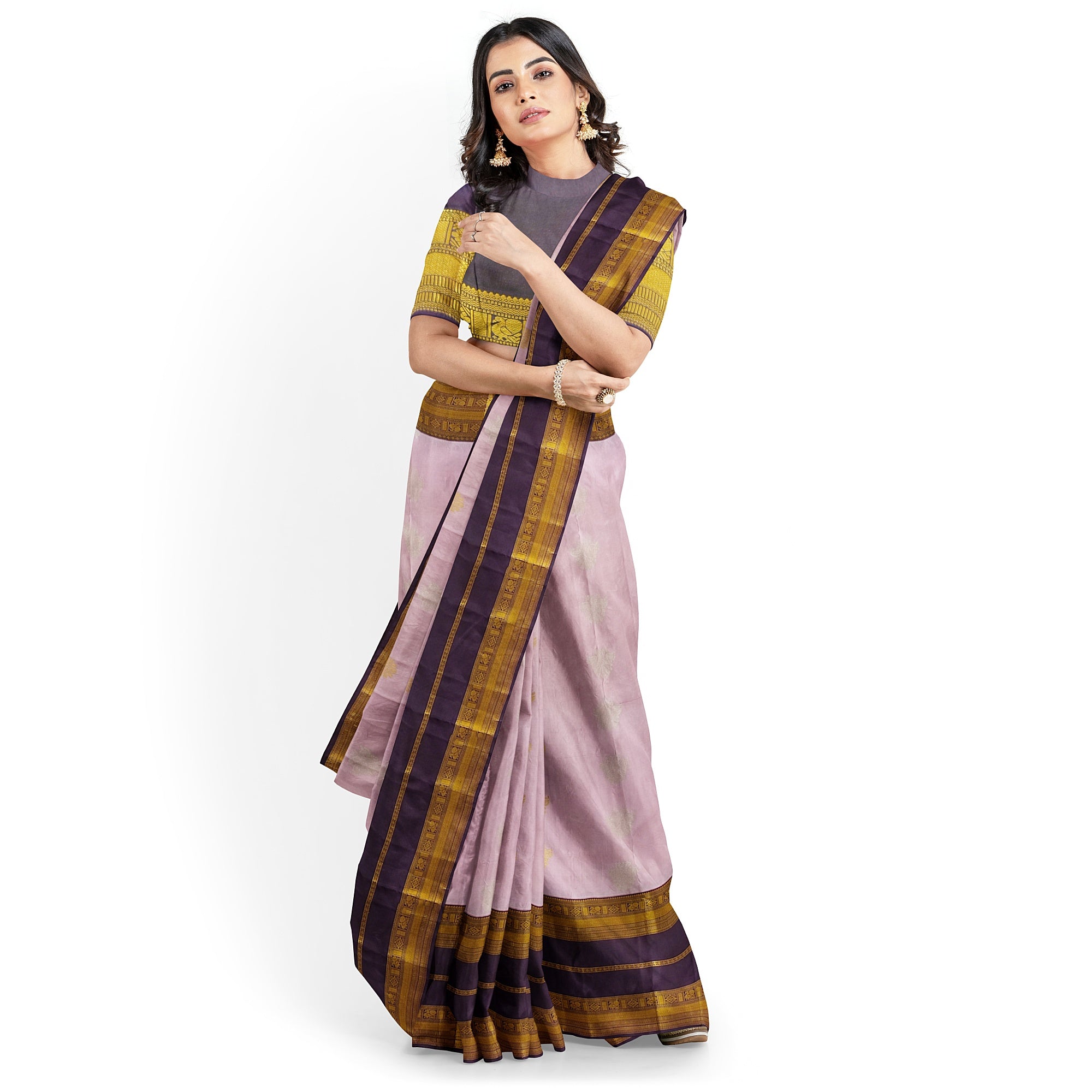 Baby Pink Kanjivaram Silk Saree with Maroon and Gold Zari Border – Elegant Handloom Saree Online - New Sudarshan Silks`