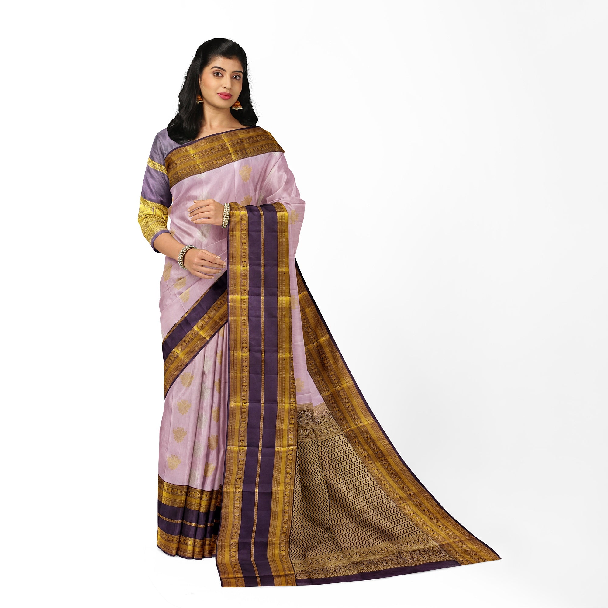 Baby Pink Kanjivaram Silk Saree with Maroon and Gold Zari Border – Elegant Handloom Saree Online - New Sudarshan Silks`