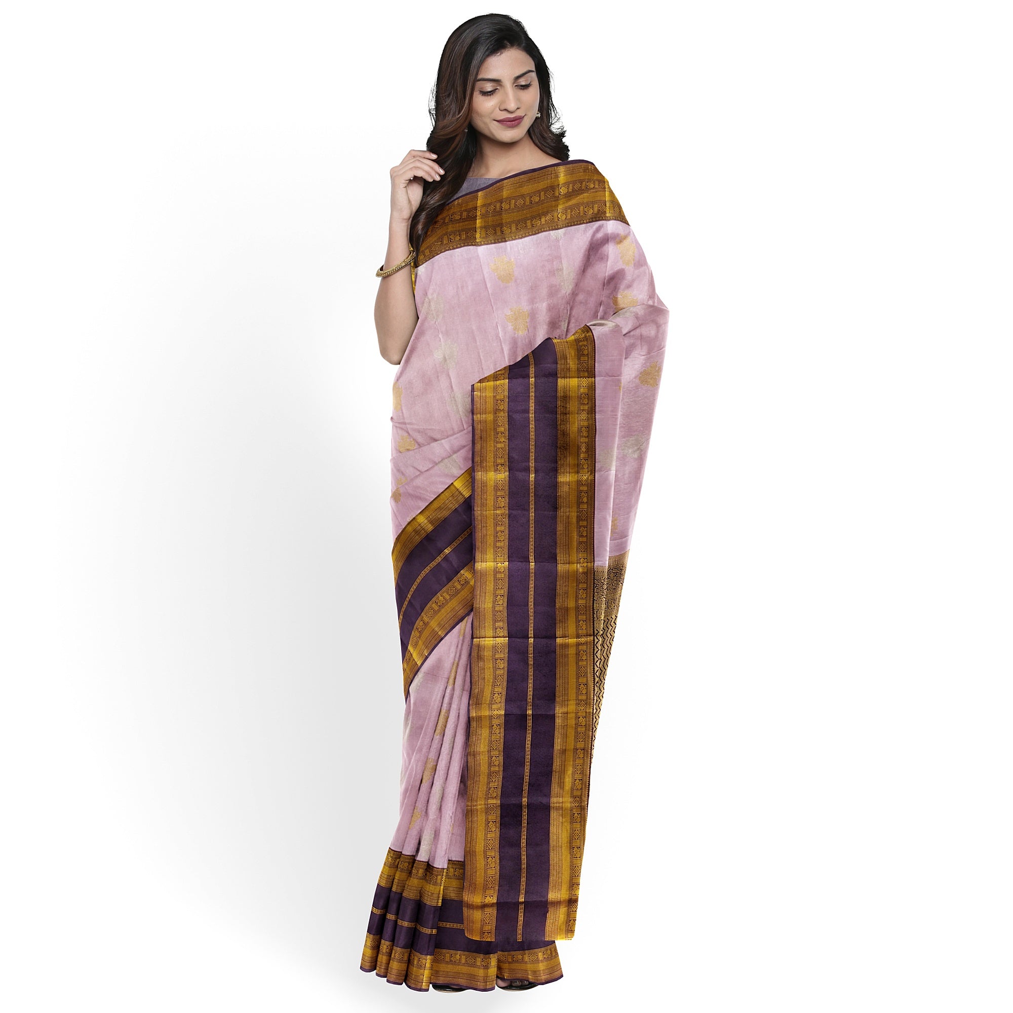 Baby Pink Kanjivaram Silk Saree with Maroon and Gold Zari Border – Elegant Handloom Saree Online - New Sudarshan Silks`