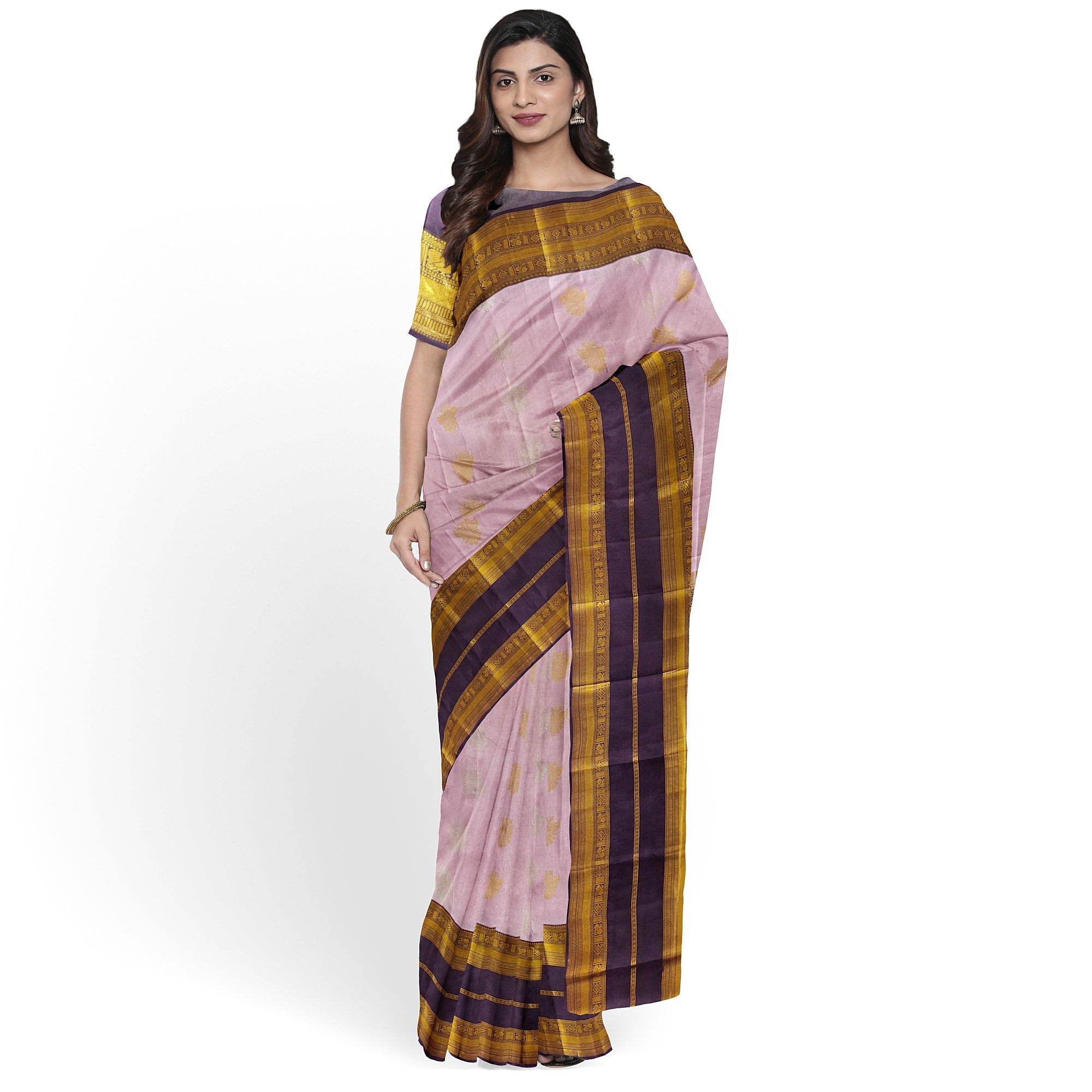 Baby Pink Kanjivaram Silk Saree with Maroon and Gold Zari Border – Elegant Handloom Saree Online - New Sudarshan Silks`
