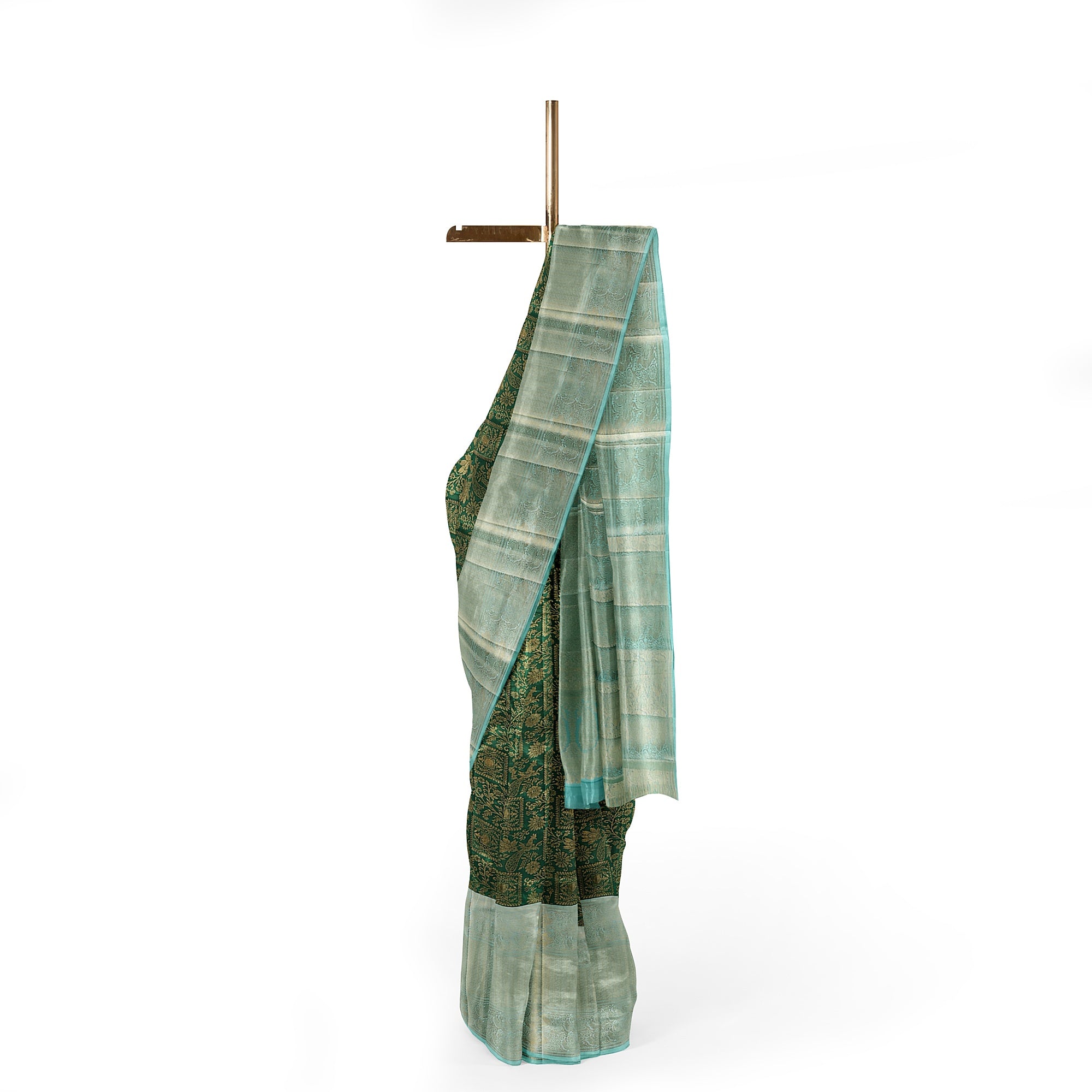 Bottle Green Brocade Kanjivaram Silk Saree with Sky Blue Zari Border – Pure Handloom Silk Saree Online - New Sudarshan Silks`