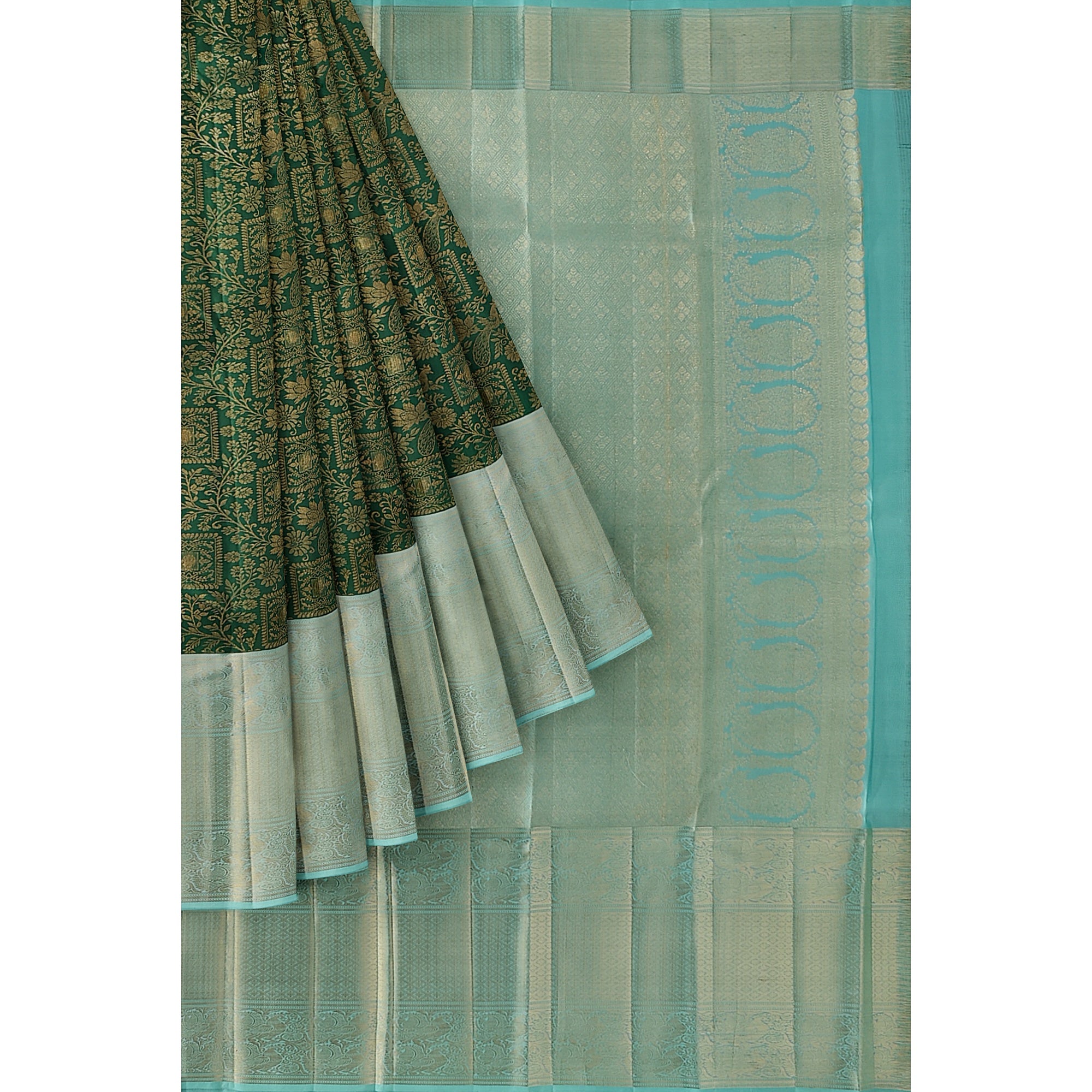 Bottle Green Brocade Kanjivaram Silk Saree with Sky Blue Zari Border – Pure Handloom Silk Saree Online - New Sudarshan Silks`
