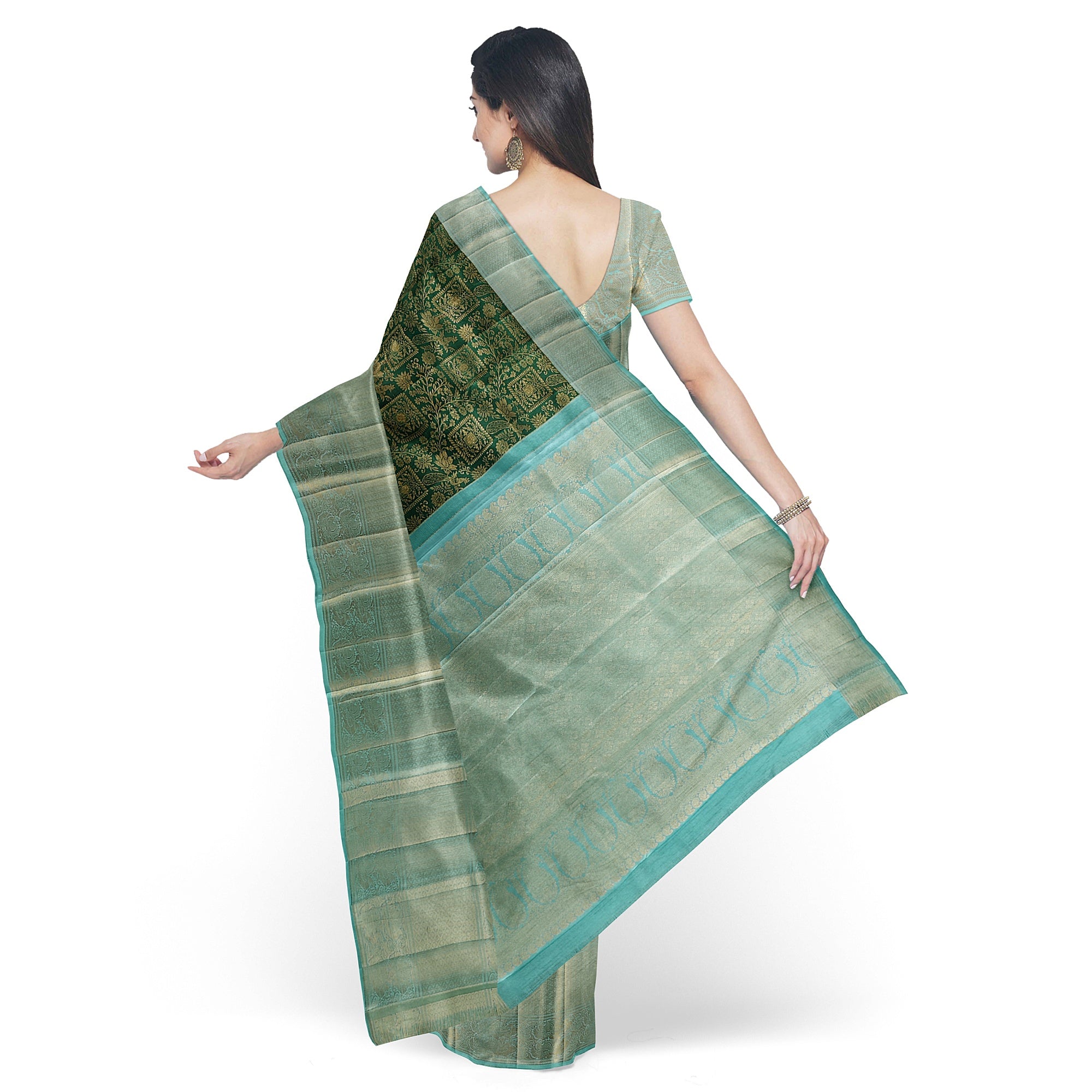 Bottle Green Brocade Kanjivaram Silk Saree with Sky Blue Zari Border – Pure Handloom Silk Saree Online - New Sudarshan Silks`