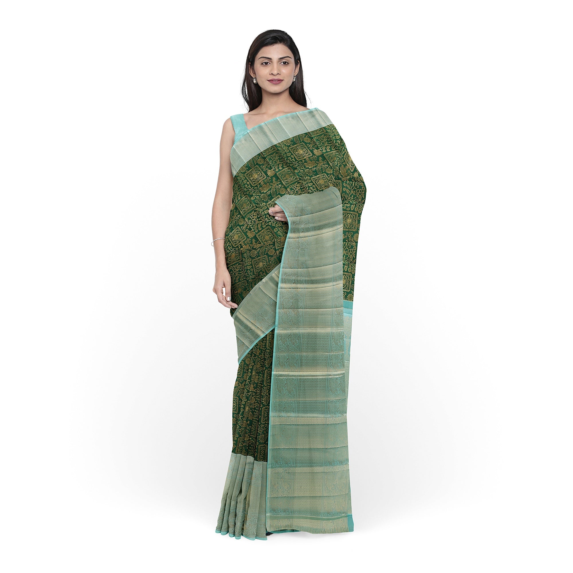Bottle Green Brocade Kanjivaram Silk Saree with Sky Blue Zari Border – Pure Handloom Silk Saree Online - New Sudarshan Silks`
