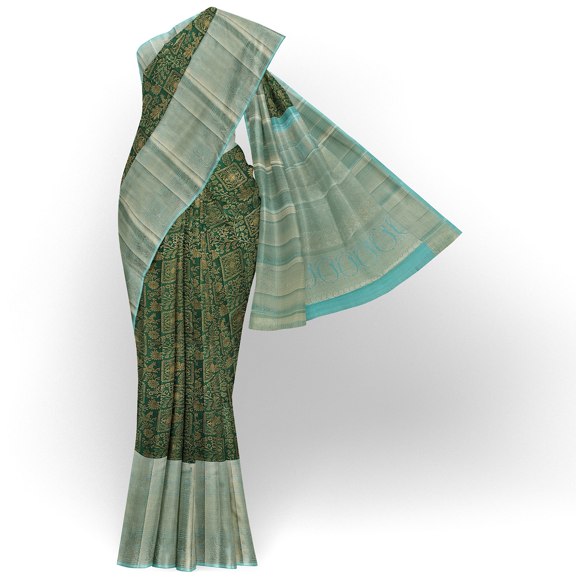 Bottle Green Brocade Kanjivaram Silk Saree with Sky Blue Zari Border – Pure Handloom Silk Saree Online - New Sudarshan Silks`