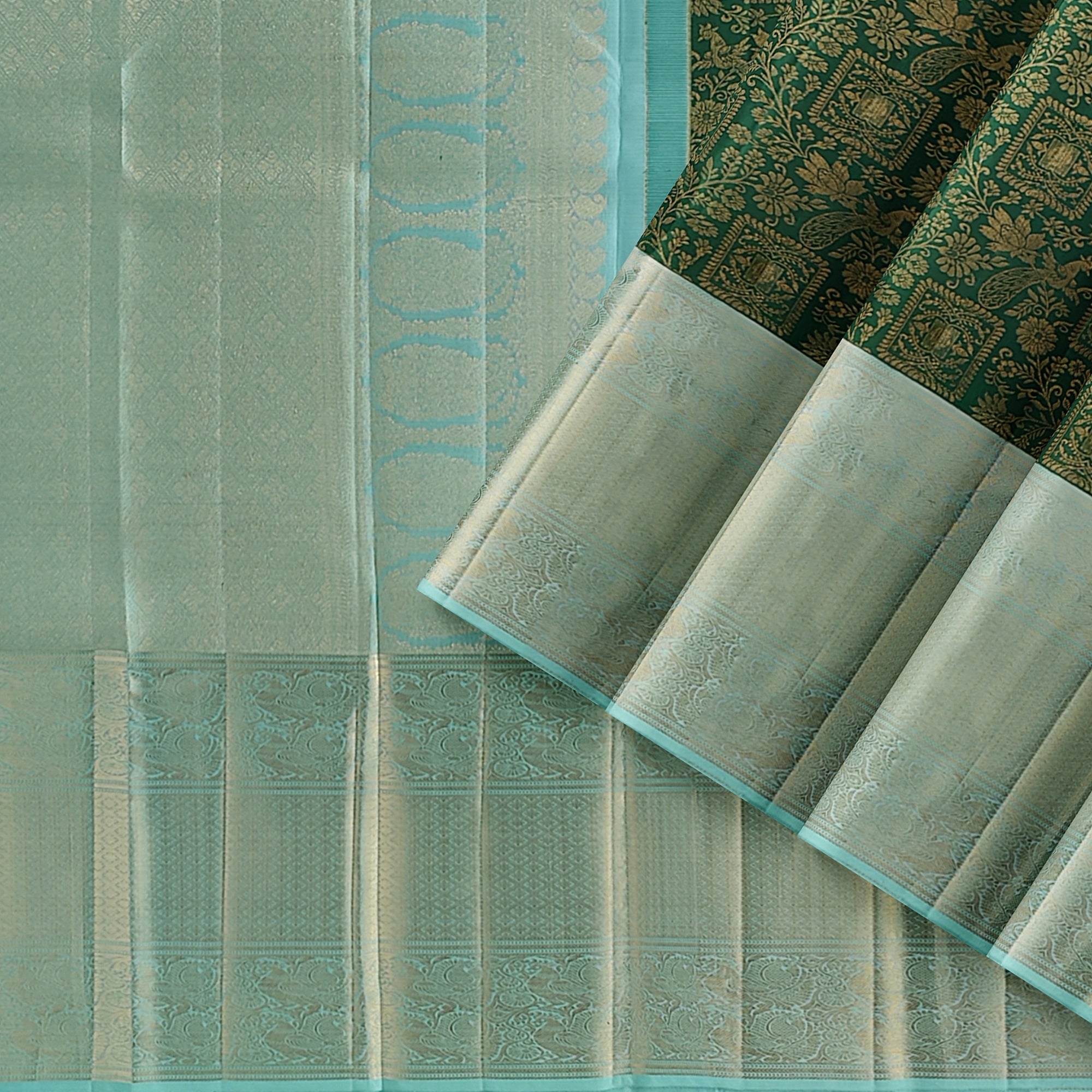 Bottle Green Brocade Kanjivaram Silk Saree with Sky Blue Zari Border – Pure Handloom Silk Saree Online - New Sudarshan Silks`
