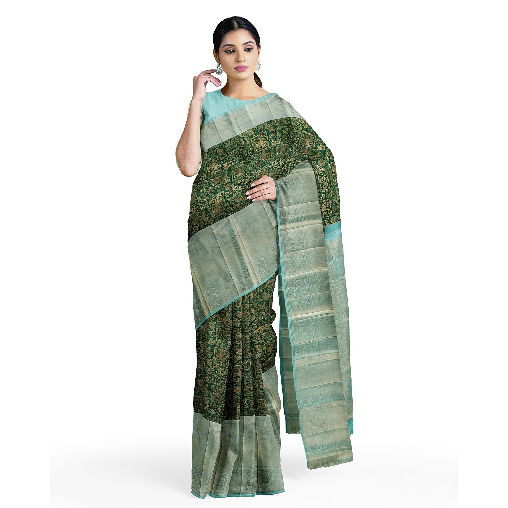Bottle Green Brocade Kanjivaram Silk Saree with Sky Blue Zari Border – Pure Handloom Silk Saree Online - New Sudarshan Silks`